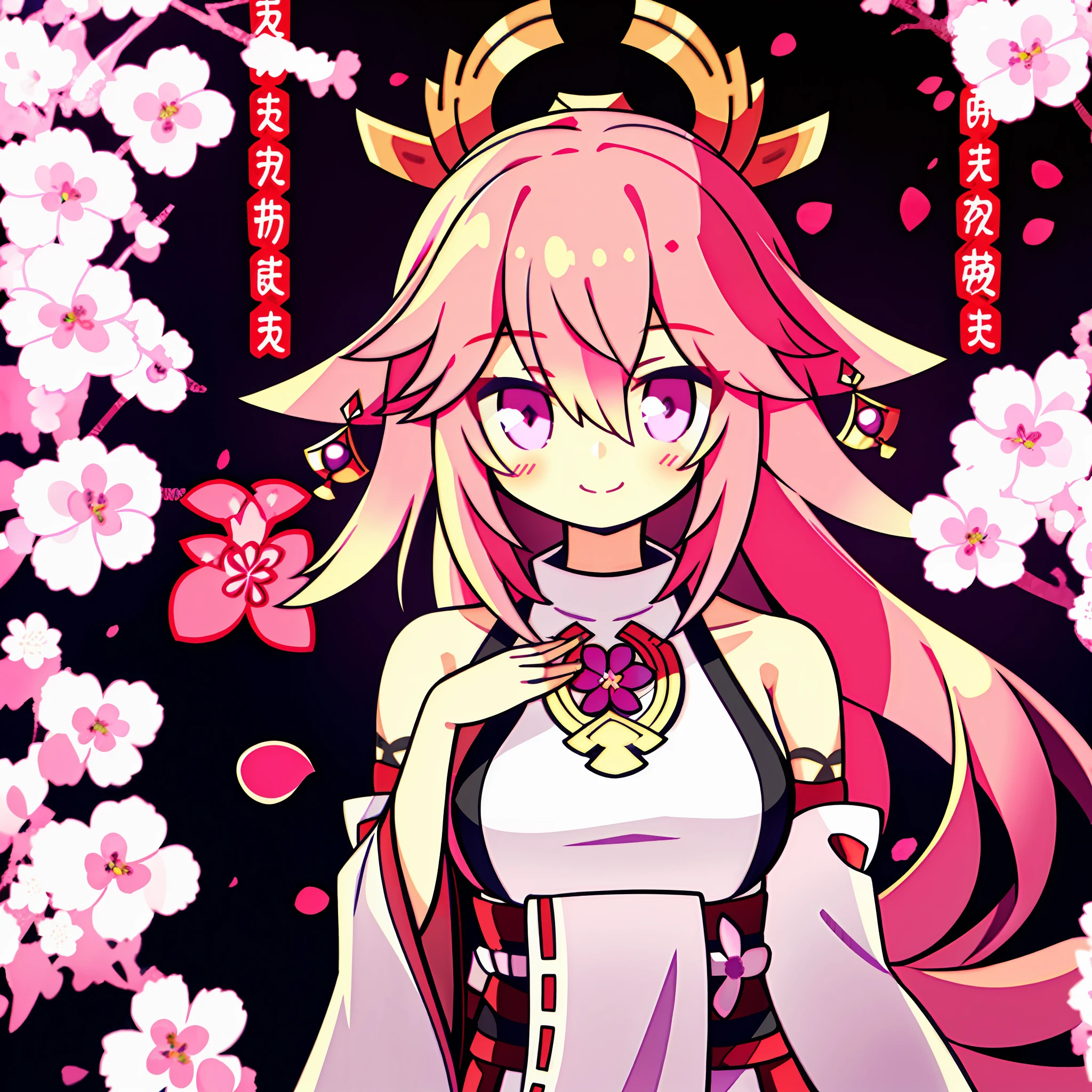 yae miko, 1girl, \n/, animal ears, bare shoulders, blush, breasts, cherry blossoms, closed mouth, detached sleeves, earrings, flower, fox ears, gem, hair between eyes, hair ornament, hand up, japanese clothes, jewelry, kimono, long hair, looking at viewer, medium breasts, miko, nontraditional miko, pink eyes, pink flower, pink hair, purple gemstone, short kimono, sidelocks, smile, solo, upper body, white kimono, ((masterpiece))