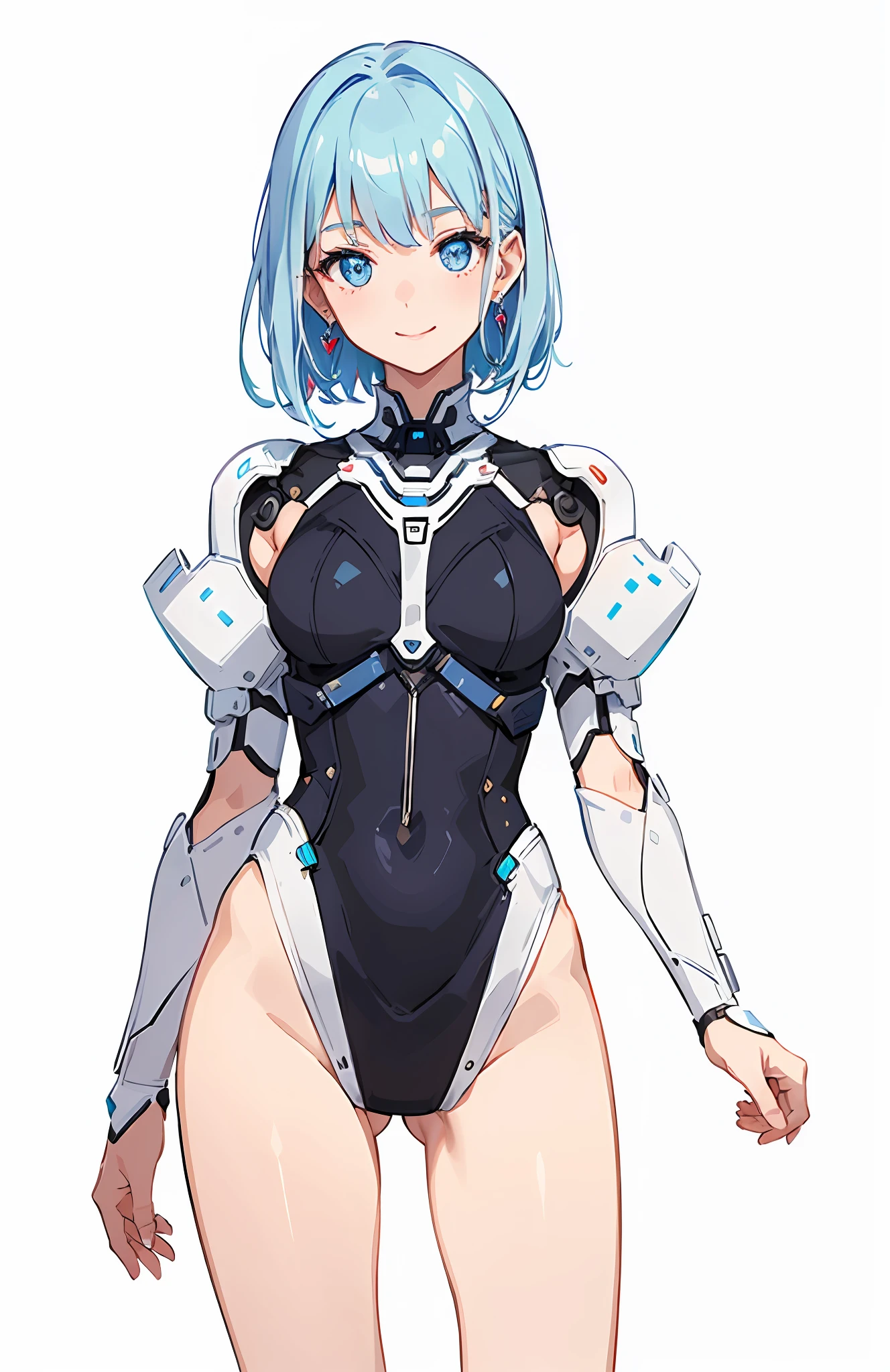 (masterpiece:1.3), (best quality:1.3), high-resolution,
watercolor pencil,
Head-on angle, upper body,
Body facing forward, (upright:1.3), (arms at sides:1.3),
(cute1girl:1.3), solo,
white skin, small Breast, eight-headed person,
light blue hair, (blue gradiient hair:1.1), very short hair, blunt bangs, beautiful hair, blue eyes, beautiful detailed eyes,
seductive smile, heart, cheerful smile,
detached sleeves, Futuristic clothing, mechanical suit, pencil skirt, earrings,
(white background:1.2), simple background,
concept art, shadowlighting,
