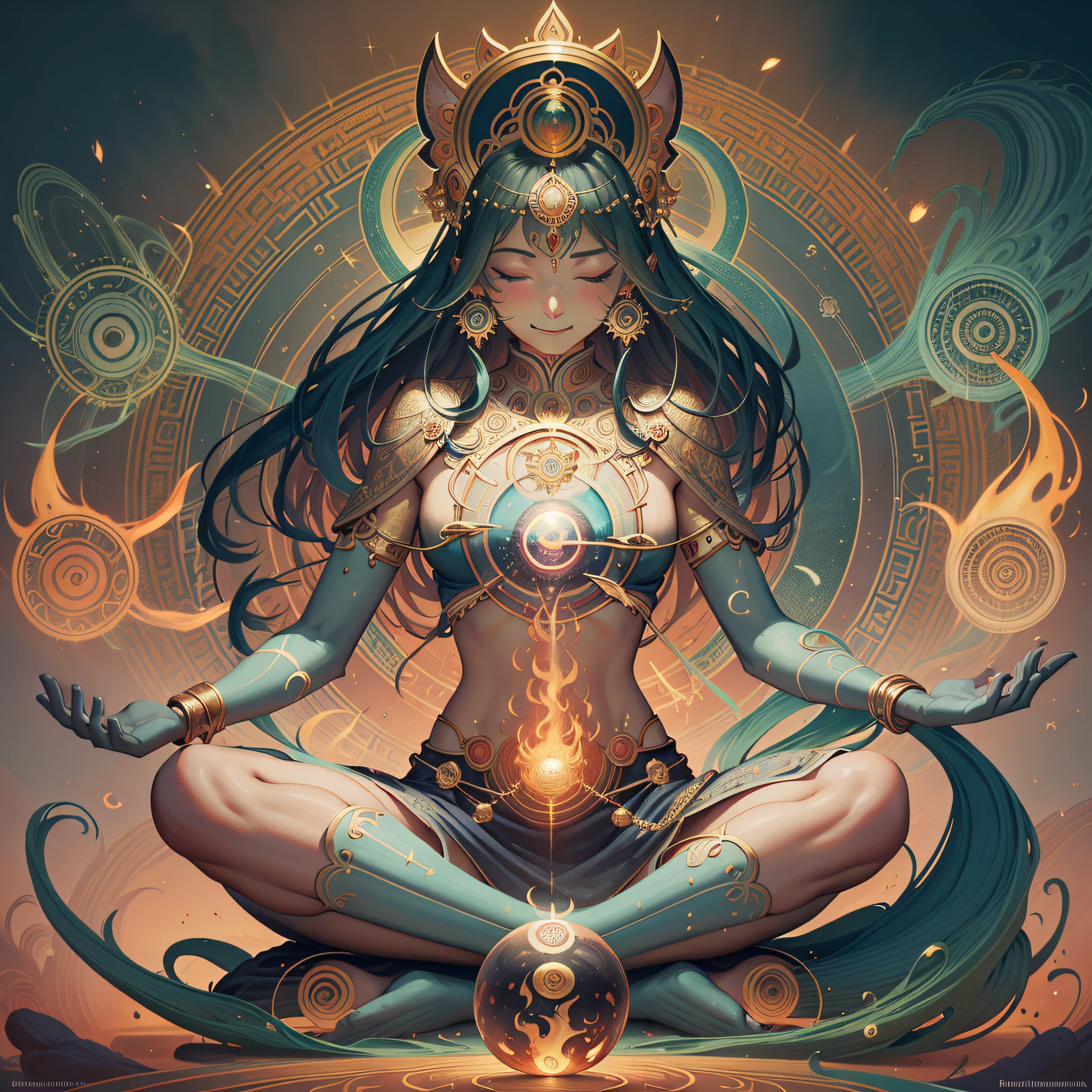 dozens of people, closed eyes, (smile:1.0) Sitting in a position of meditation,
with aura fire flames turquoise, gold and red, glowing energy flowing through their body and radiating around them, chakras and mandalas, art by peter mohrbacher and Cyril Rolando,
(best quality, masterpiece, ultra detailed, highres, cinematic experience, intricate details, absurdres:0.8)