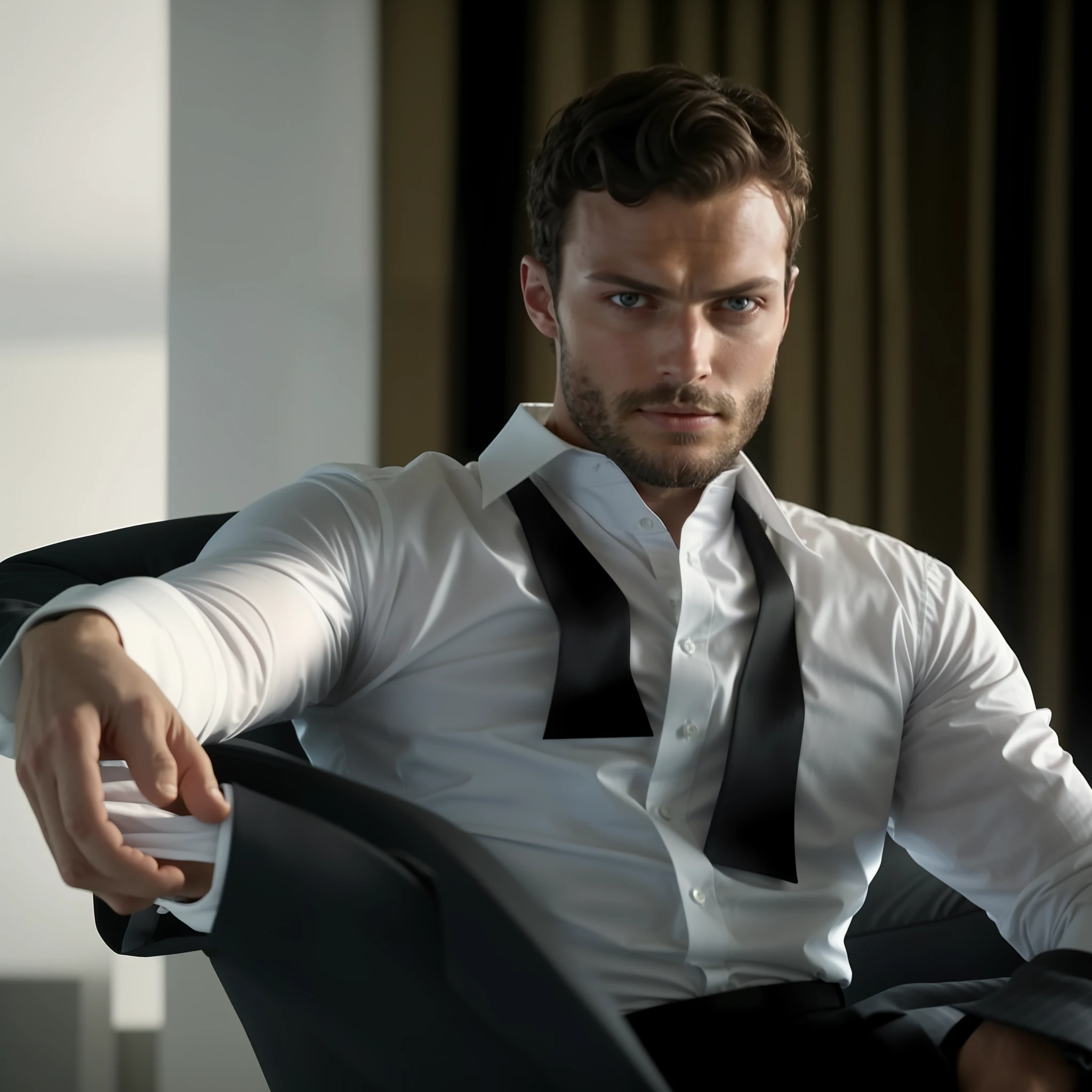 Create a Ceo wearing black suit, symmetrical and beautiful eyes, stare fixed in the center of the image, face details, Jamie Dornan, very handsome and attractive, black beard and detached, strong and muscular, dark short hair, tanned skin, 8k resolution, best quality, similar to actor Jamie Dornan, pe, close up.