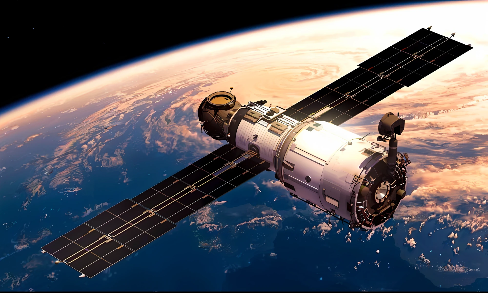 Create a GPS's satellite flying over a blue sky of clear weather,realistic, vector, simple, high resolution 4k