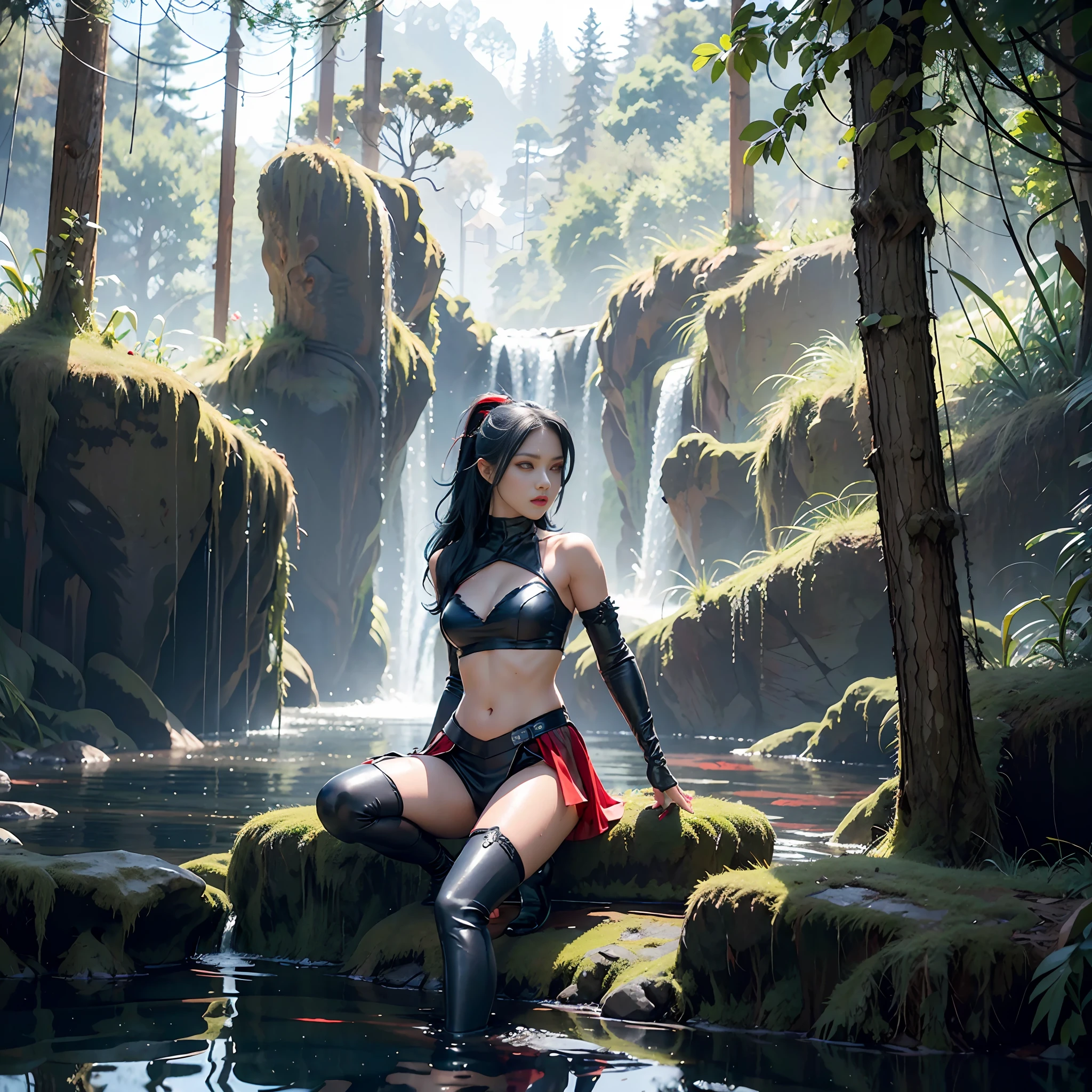 best quality}, {{masterpiece}}, {highres}, Perfect waist cut, Large breasts, Warrior girl with a small short sword on hand, Skimpy organza transparent clothes, organza elements on clothes, net clothes, leather glossy elements on clothes, dark blue hair with red highlights, (perfect nose), Seductive gaze, dark blue knee high boots on high heels with red highlights, (Best Illustration), 8k Resolution, Intricate Details, Best Quality, Realistic, Ultra Detailed, Best Lighting, Best Shadows, Ultra HD, A Necromancer style, Night, Magic, Dark Style, Vampire, (shining red eyes:1.6), masterpiece, high_res, Beautiful face, tyndall effect, photo realistic, (high detailed skin:1.2), 8k uhd, dslr, high quality, Photograph, high resolution, 4k, 8k, Bokeh, absurdres, ponytail contorted, best ratio four finger and one thumb, front view, dark blue hair gorgeous, perfect proportional skinny fitness body, full body view, wet skin, wet clothes, dark cathedral baground scenery, huge bobs, belly muscle, long fit perfect legs, fishnet dark red Stockings, realistic reflection in the water