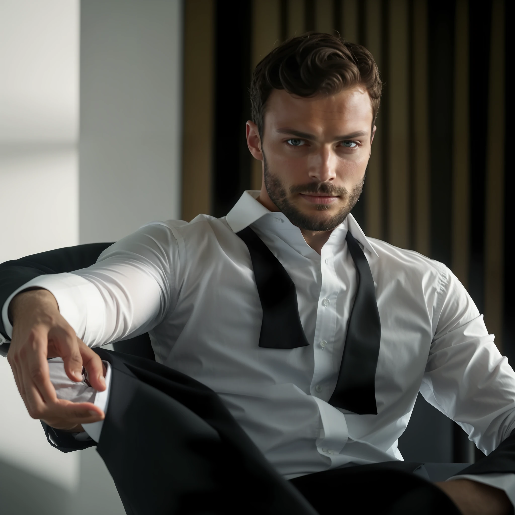 Create a Ceo wearing black suit, symmetrical and beautiful eyes, stare fixed in the center of the image, face details, Jamie Dornan, very handsome and attractive, black beard and detached, strong and muscular, dark short hair, tanned skin, 8k resolution, best quality, similar to actor Jamie Dornan, pe, close up.