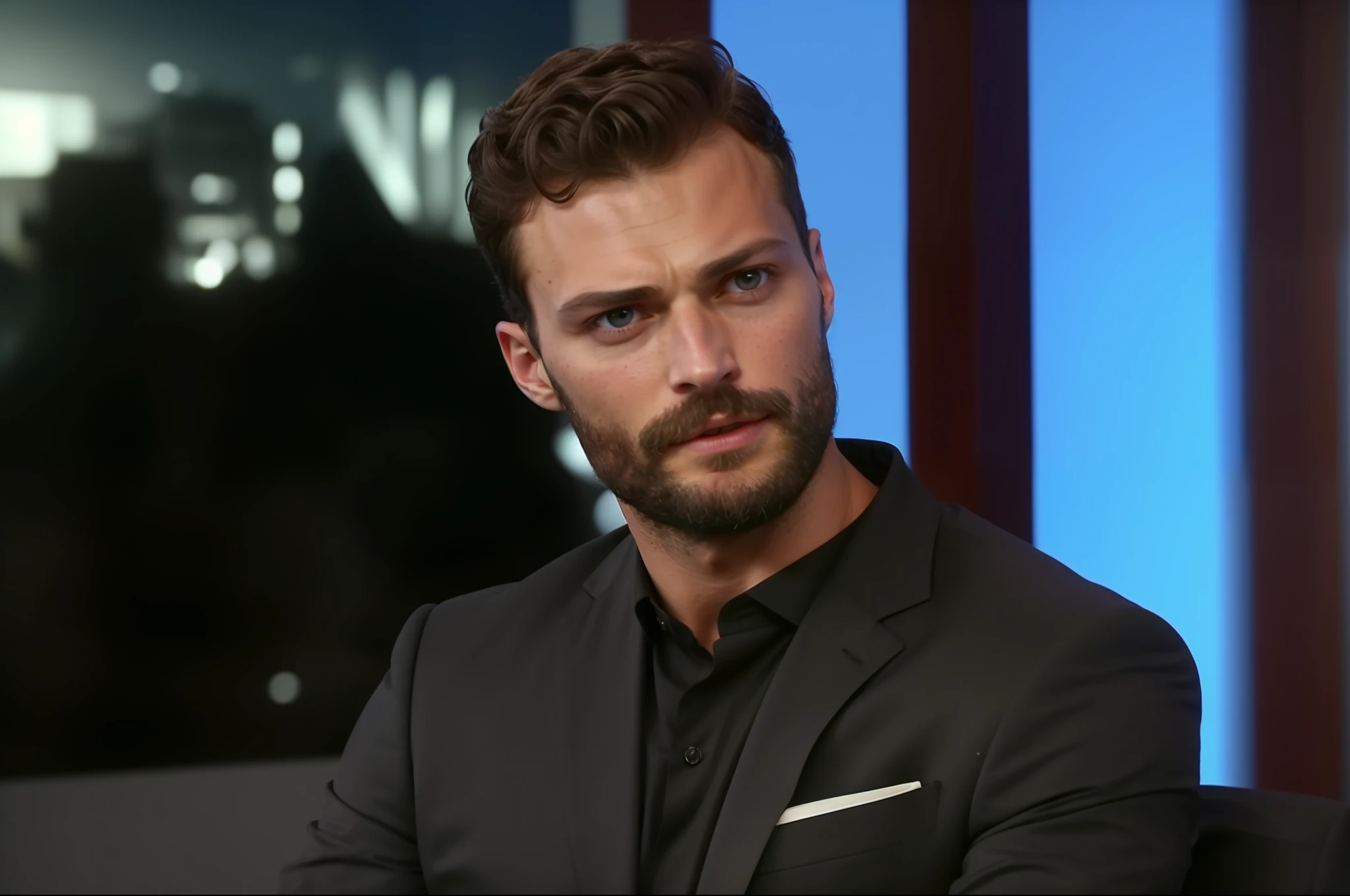 Create a Ceo wearing suit, symmetrical and beautiful eyes, stare fixed in the center of the image, details of the face, Jamie Dornan, very beautiful and attractive, black beard and detached, strong and muscular, dark short hair, tanned skin, 8k resolution, best quality, similar to actor Jamie Dornan, pe, close up.