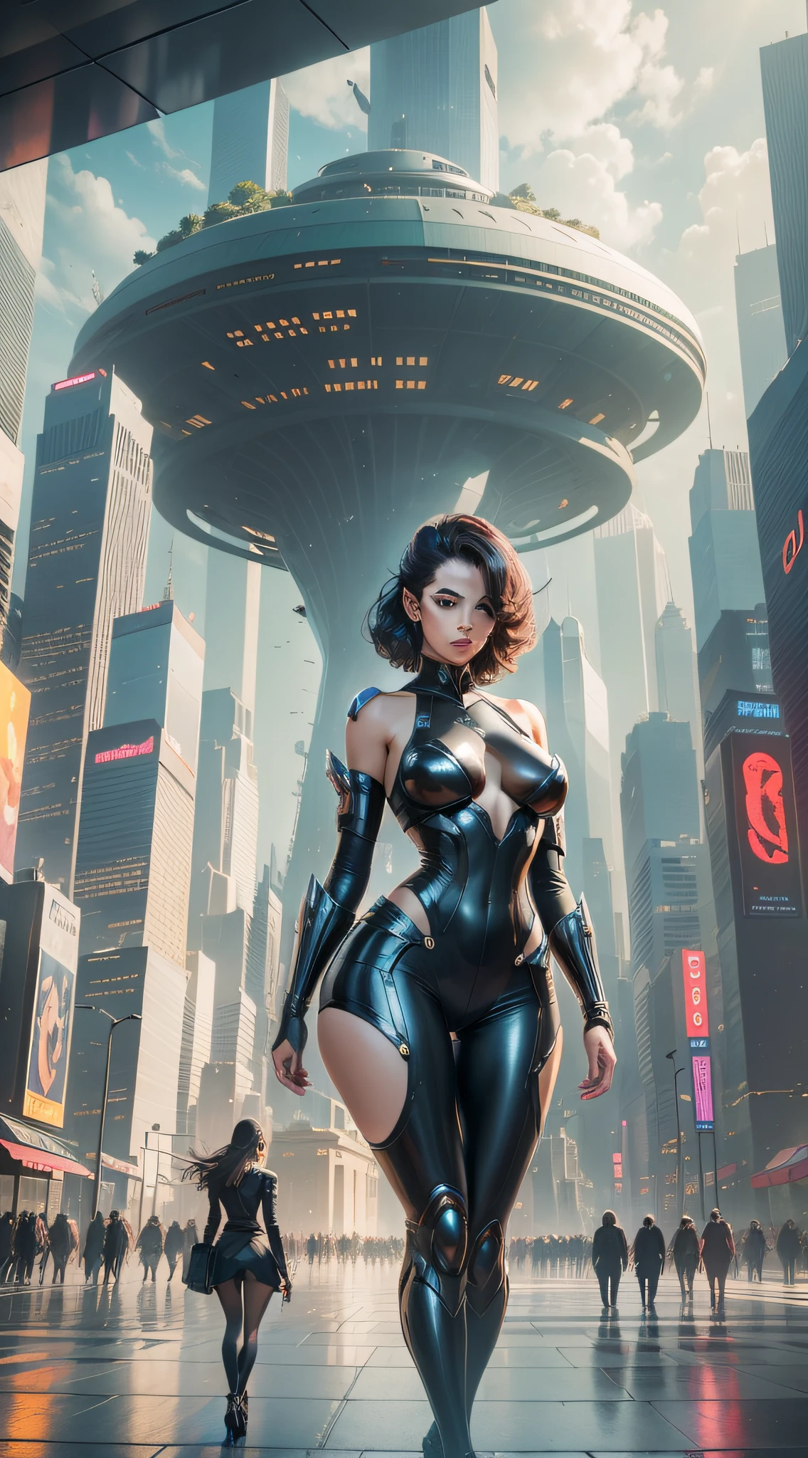 In a futuristic city, a stunning girl of 28 years, height 1.75m, weight 65kg, catches everyone's attention. Her confidence and beauty radiate as she walks the bustling streets, surrounded by towering skyscrapers and the glow of the sun. Her appearance is a perfect combination of feminine curves, a sculpted face and captivating eyes. The surrounding scenery reflects the energy and vitality of the futuristic city.