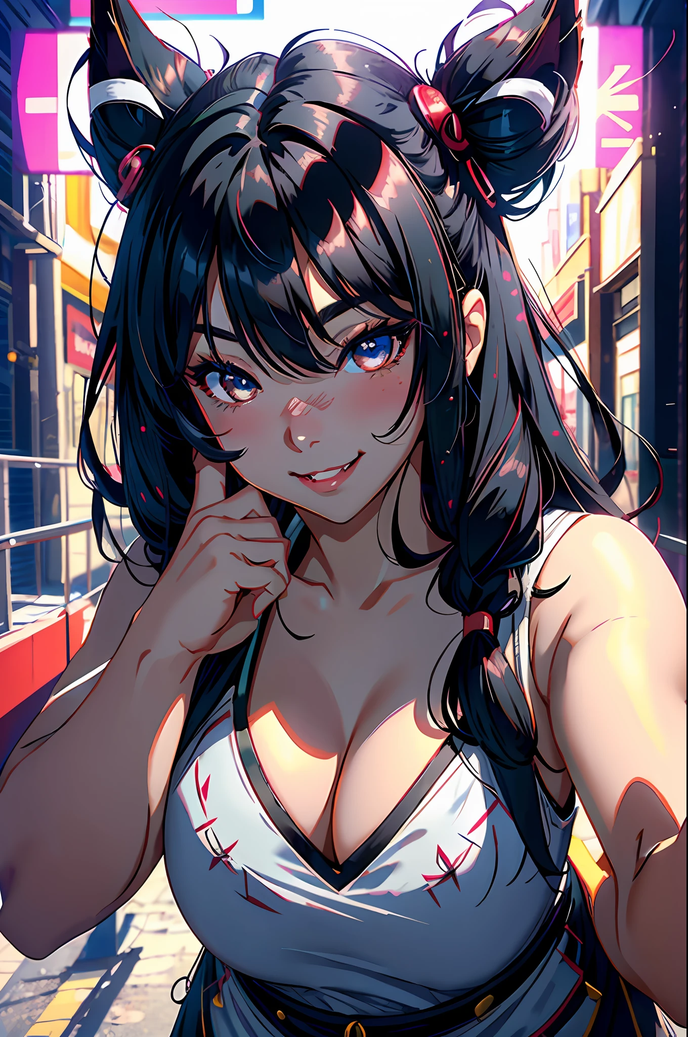 black hair, hair bobbles, wince, longeyelashes, solid circle eyes, fake animal ears, light smile, ear blush, fang, Surrealism, drop shadow, anaglyph, stereogram, tachi-e, pov, atmospheric perspective, 8k, super detail, ccurate, best quality