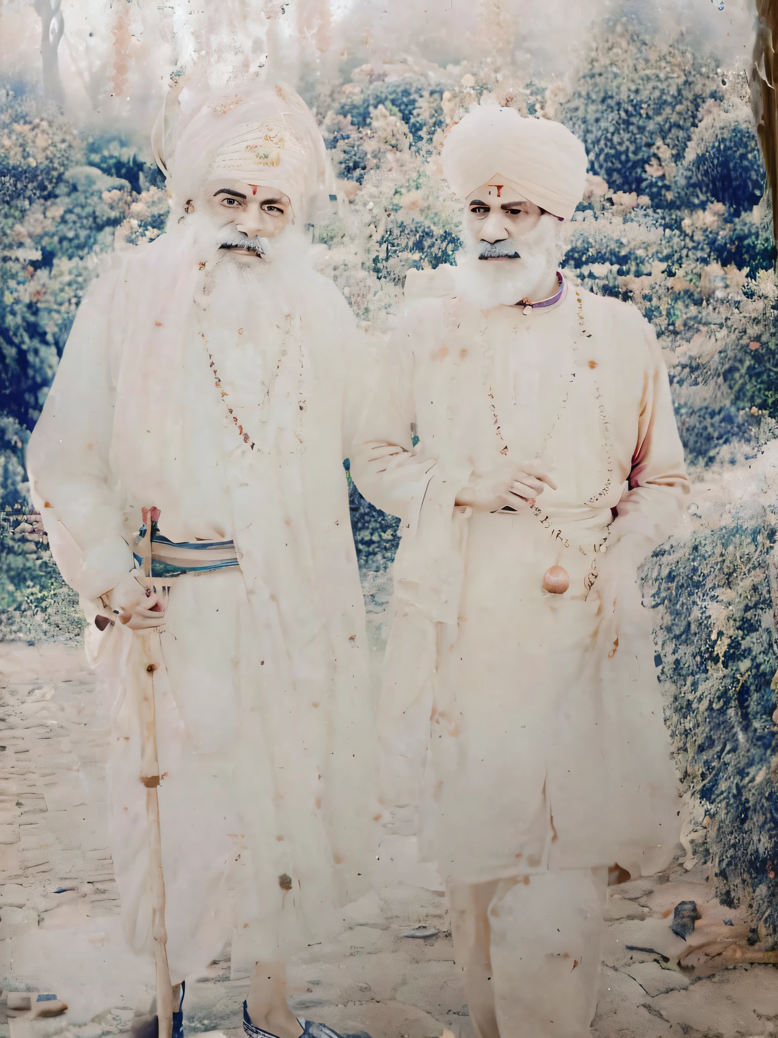 Two men standing in a garden with sticks, wearing rudraksha garland around neck, by saint, tilak on forehead, old color photograph, real photograph, inspired by saint, old photograph, color photo, famous photo, rare photograph, real picture, detail painting, Color photograph, real image