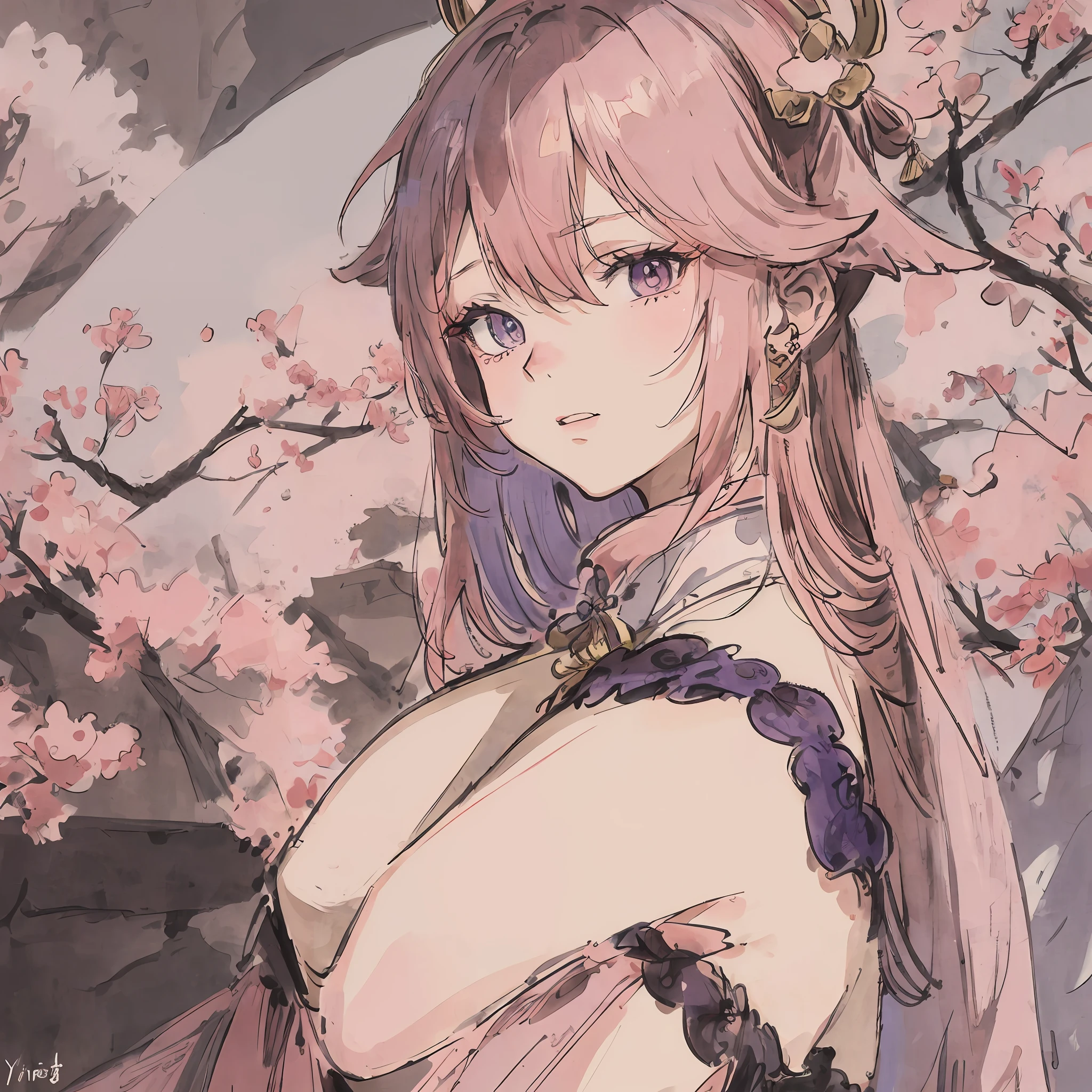 (masterpiece, best quality: 1.2), traditional Chinese ink painting, tree, yae miko, pink hair, purple eyes