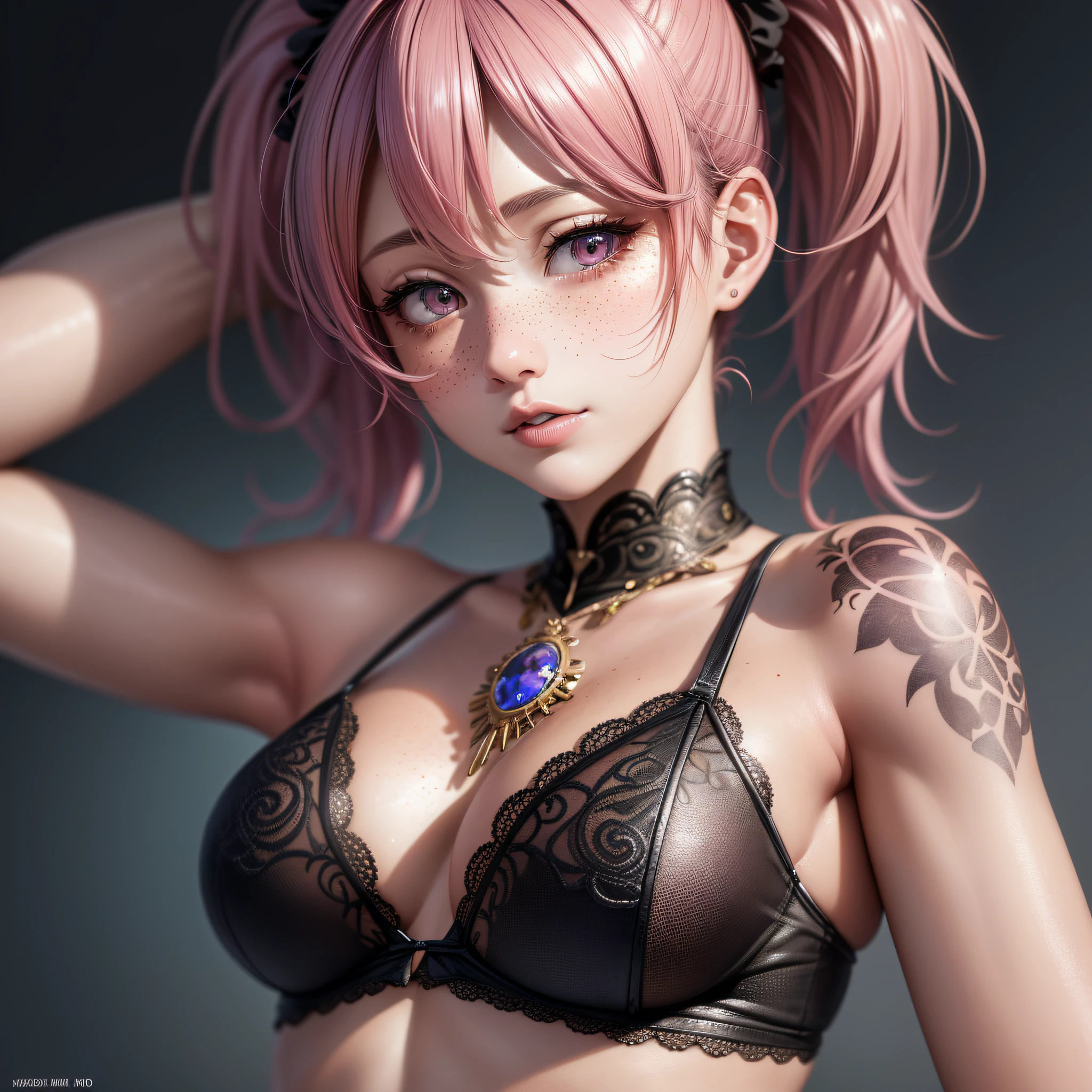 ultra hd, high resolution, realistic, best quality, masterpiece, (realistic: 1.2), upper body, 1 girl, pink hair, with a tattoo ((short hair in two pigtails)), brown eyes, detailed face, beautiful eyes, detailed eyes, playful, freckles, young, black bikini bottom, lingerie, medium bust, intricately detailed, elaborate, meticulous, gorgeous, maximum details, extremely hyperaesthetic, looking at viewer, gray background, masterpiece, best quality, high quality, highres, amazing lighting, detail enhancement, most beautiful image in the world, 8k resolution, awe inspiring, hd