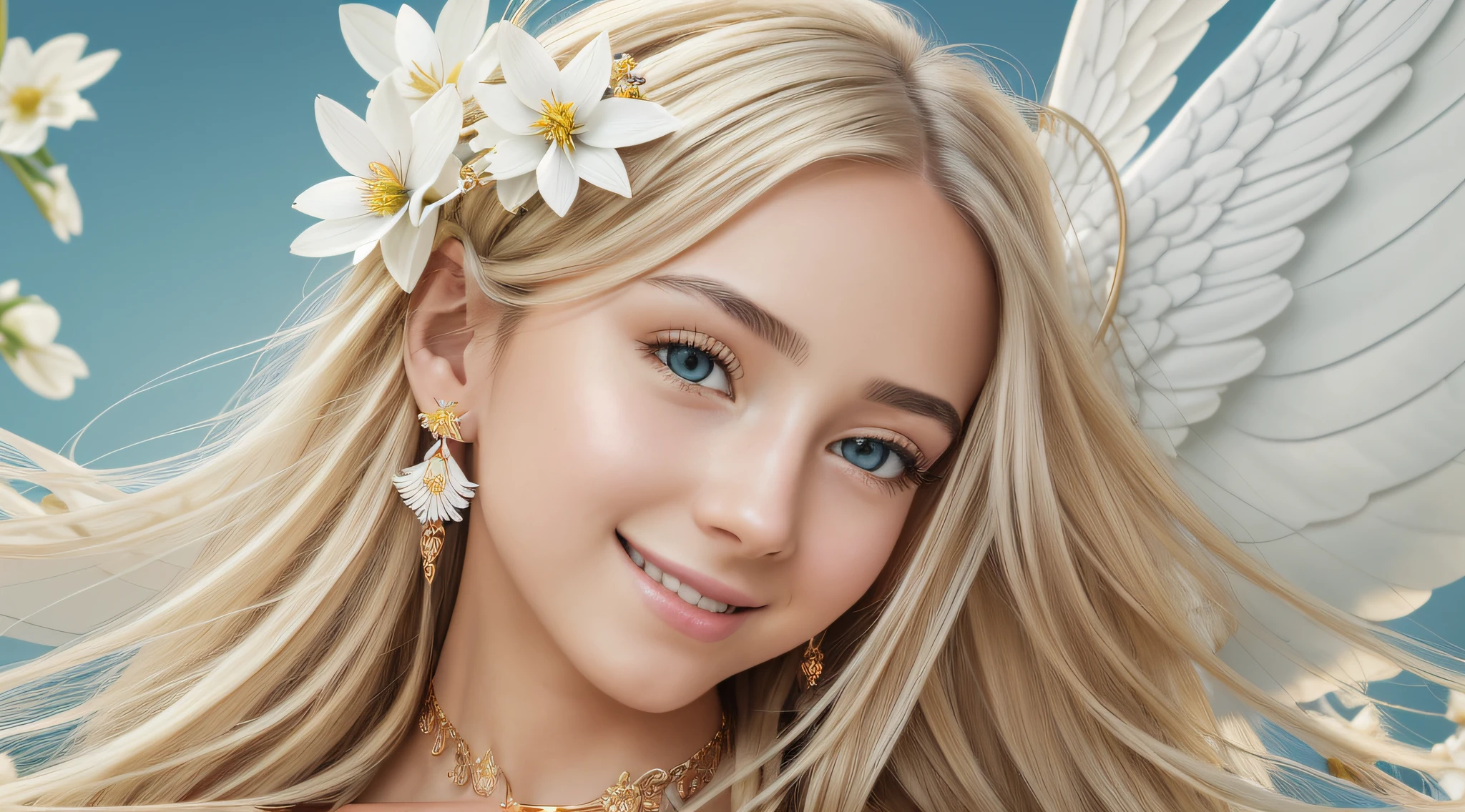 delicate, masterpiece, beautiful detailed, colorful, finely detailed, (50mm Sigma f/1.4 ZEISS lens, F1.4, 1/800s, ISO 100, fotograpy:1.1), lens flare, (photorealistic:1.1), detailed lips, intricate details, solo, (a beautiful -yeld giin white panties), long blonde hair with gold-colored braids, (angel wings:1.4), (white wings:1.2), (symmetrical wings: 1.5), (jewelry:1.5), (necklace:1.2), (diamond:1.3), bracelet, earrings, choker, (white thighs:1.2), (looking at the viewer:1.2), sexy pose, erotic pose, frontal view, (innocent smile:1.3), (covered, (on a red background 1.5), sky, (detailed background), (blurred background:0.8), (white flower:1.3), (pureerosface_v1:0.85), --auto --s2