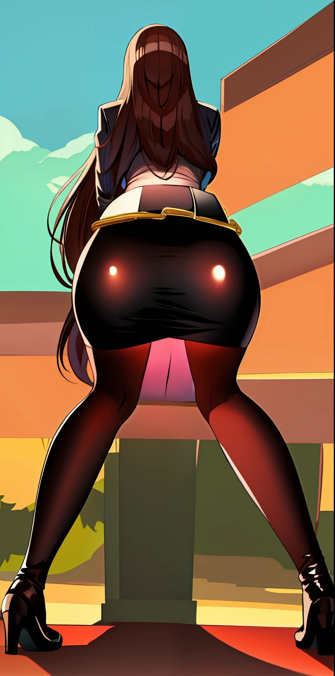 a woman in leather skirt,on knees,back view,big booty,raised booty