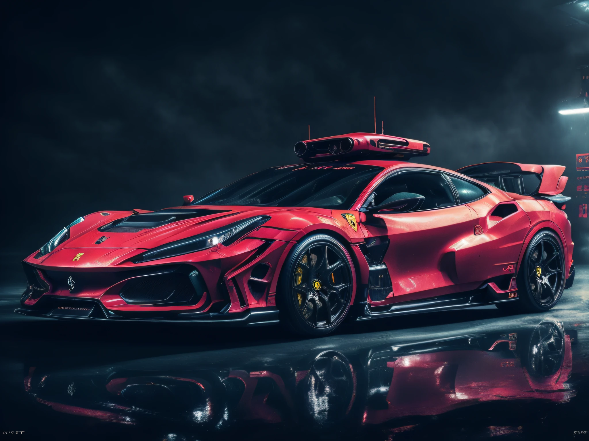 fking_scifi_v2, photo of a ((Ferrari:civtyp:1.5):0.65) car, Cyberpunk theme, centre of frame, trending on ArtStation, trending on CGSociety, Intricate, High Detail, Sharp focus, dramatic