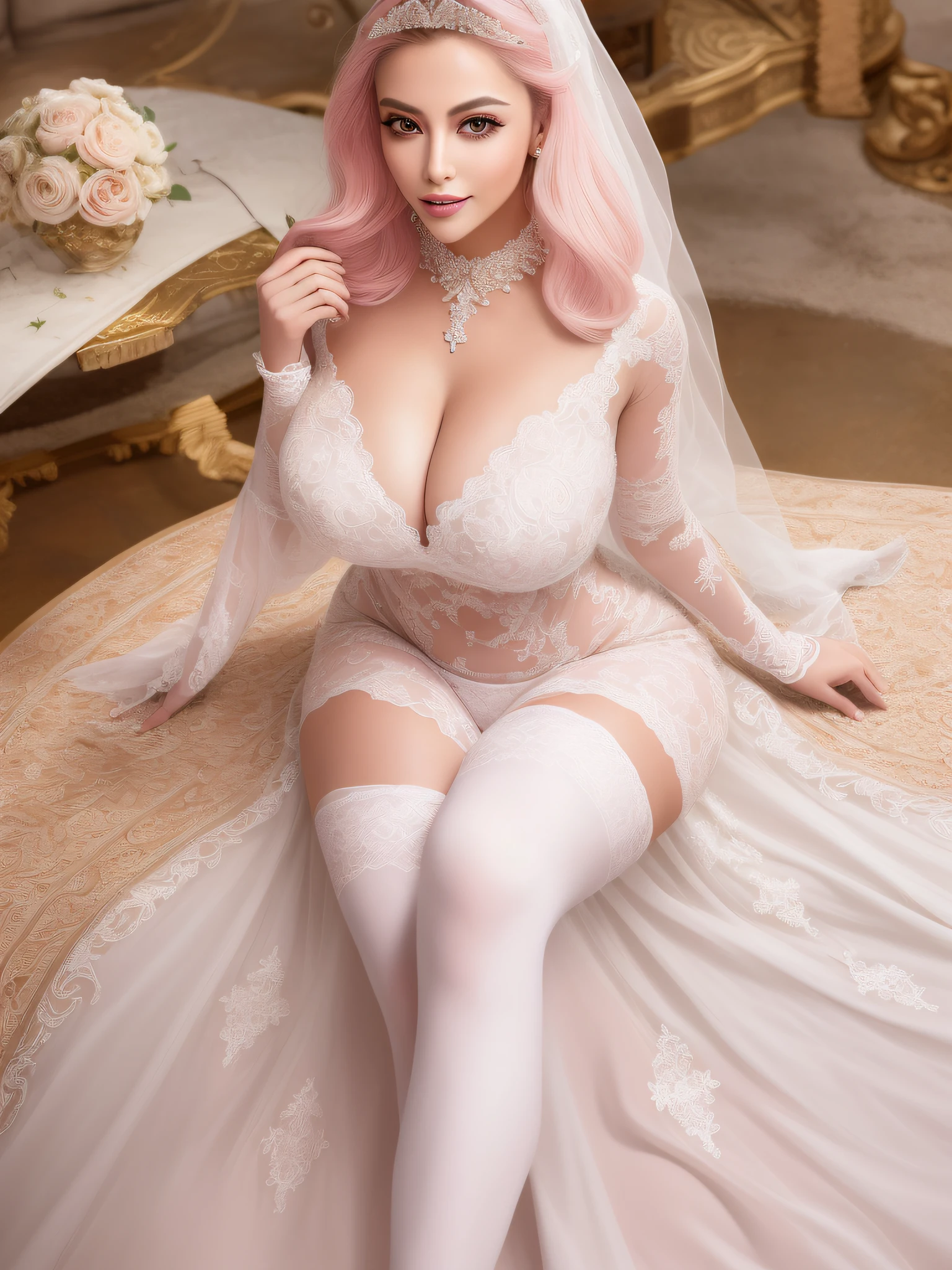 (masterpiece), (ultra high resolution), (extremely intricate), (exquisitely detailed), 1girl, (beautiful gorgeous arabic woman), (F1.4, 1/800s, ISO 100, photorealistic), looking_at_breasts and from above, Evil queen, homewrecker, white hair, crossed_legs, huge breasts, laugh512, pink eyeshadow makeup, pink lips, white wedding dress, thigh high stockings,