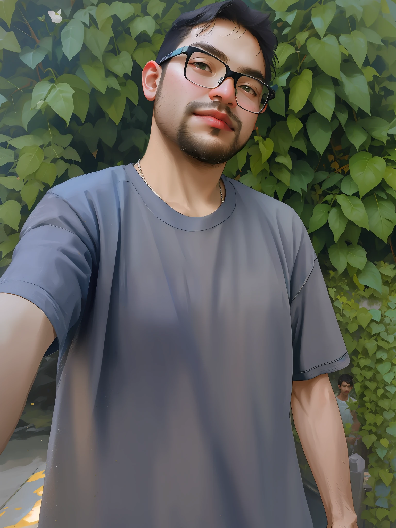 there is a man who is taking a selfie with his mobile phone, 8k selfie photography, portrait mode photo, wearing a t-shirt, very low quality image, taken with sony alpha 9, selfie taken straight at the angle, wearing netrunner outfit, inspired by Bikash Bhattacharjee, mid shot portrait, taken on iphone 14 pro, candida photo (surrounded by flowers of varying colors and types)