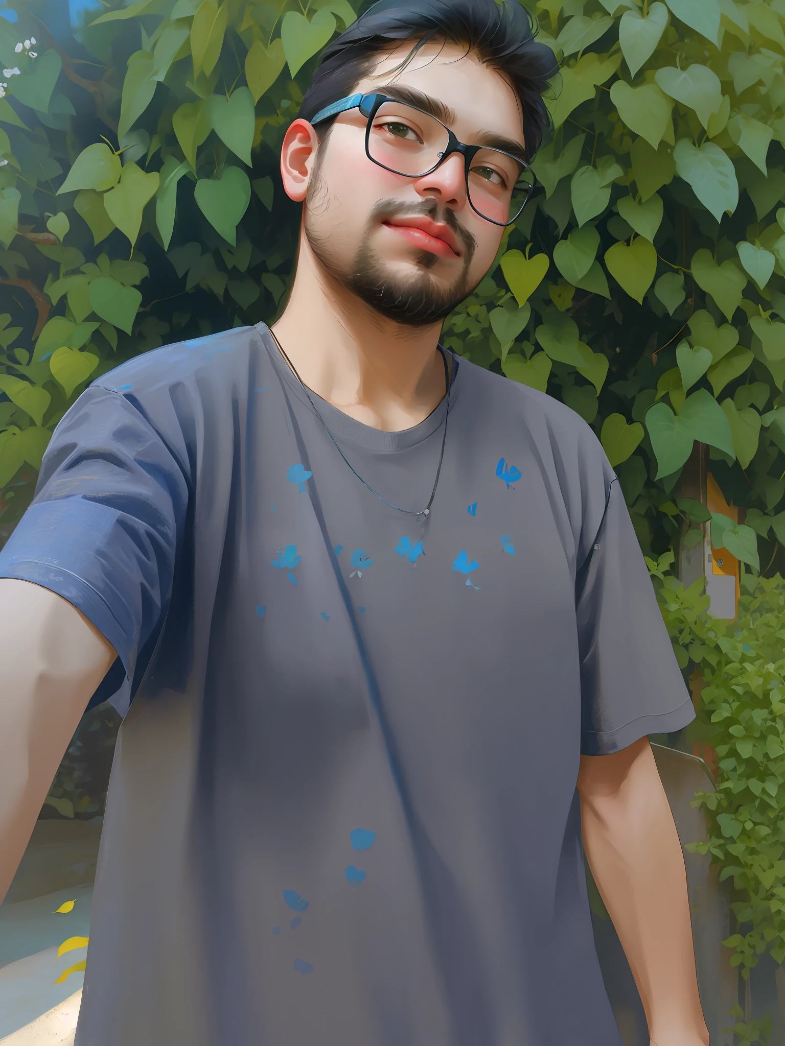 there is a man who is taking a selfie with his mobile phone, 8k selfie photography, portrait mode photo, wearing a t-shirt, very low quality image, taken with sony alpha 9, selfie taken straight at the angle, wearing netrunner outfit, inspired by Bikash Bhattacharjee, mid shot portrait, taken on iphone 14 pro, candida photo (surrounded by flowers of varying colors and types)