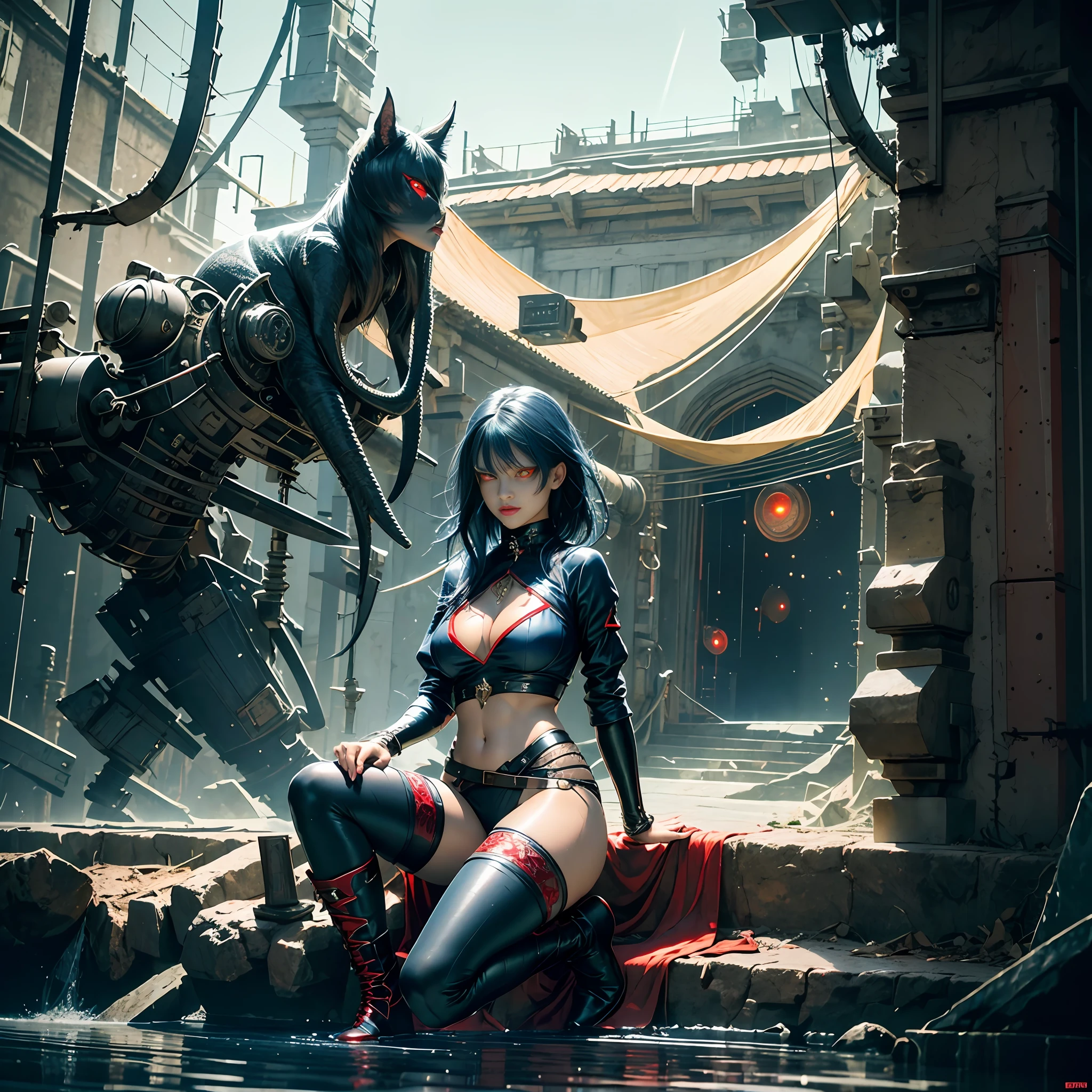 best quality}, {{masterpiece}}, {highres}, Perfect waist cut, Large breasts, Warrior girl with a small short sword on hand, Skimpy organza transparent clothes, organza elements on clothes, net clothes, leather glossy elements on clothes, dark blue hair with red highlights, (perfect nose), Seductive gaze, dark blue knee high boots on high heels with red highlights, (Best Illustration), 8k Resolution, Intricate Details, Best Quality, Realistic, Ultra Detailed, Best Lighting, Best Shadows, Ultra HD, A Necromancer style, Night, Magic, Dark Style, Vampire, (shining red eyes:1.6), masterpiece, high_res, Beautiful face, tyndall effect, photo realistic, (high detailed skin:1.2), 8k uhd, dslr, high quality, Photograph, high resolution, 4k, 8k, Bokeh, absurdres, ponytail contorted, best ratio four finger and one thumb, front view, dark blue hair gorgeous, perfect proportional skinny fitness body, full body view, wet skin, wet clothes, dark cathedral baground scenery, huge bobs, belly muscle, long fit perfect legs, fishnet dark red Stockings, realistic reflection in the water