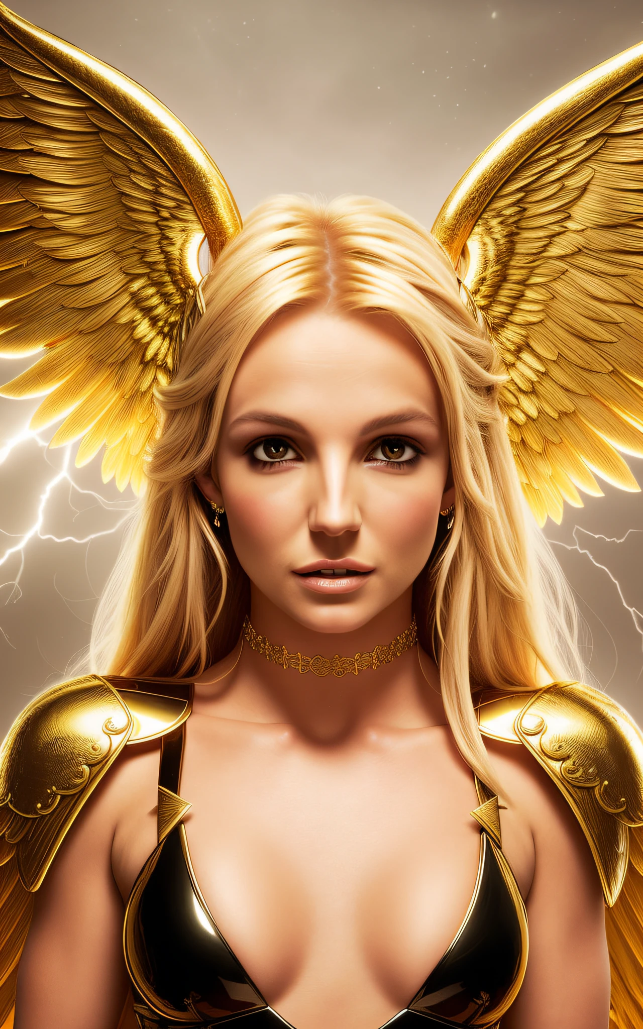 BRITNEY SPEARS, Hyperrealistic, perfect lightning, highest quality, professional photography, ancient goddess, big chest, storm, long hair, golden eyes, flawless skin, perfect face, stunning, mysterious, mischievous look, perfect body, detailed, black dress armor, golden wings, tiara, charming, pale skin, ethereal