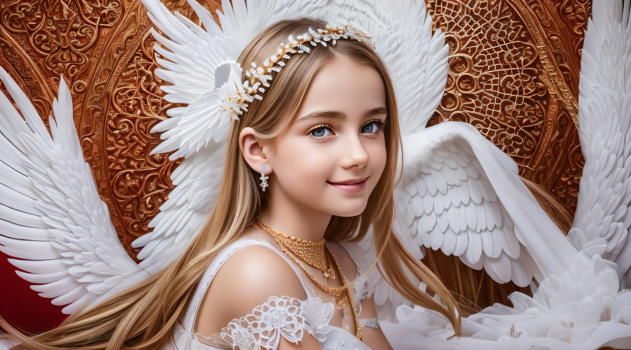 delicate, masterpiece, beautiful detailed, colorful, finely detailed, (50mm Sigma f/1.4 ZEISS lens, F1.4, 1/800s, ISO 100, fotograpy:1.1), lens flare, (photorealistic:1.1), detailed lips, intricate details, solo, (a beautiful child girl in white panties), long blonde hair with gold-colored braids, (angel wings:1.4), (white wings:1.2), (symmetrical wings: 1.5), (jewelry:1.5),  (necklace:1.2), (diamond:1.3), bracelet, earrings, choker, (white thighs:1.2), (looking at the viewer:1.2), sexy pose, erotic pose, front view, (innocent smile:1.3), (covered, (on a red background 1.5), sky, (detailed background), (blurred background:0.8), (white flower:1.3), (pureerosface_v1:0.85), --auto --s2