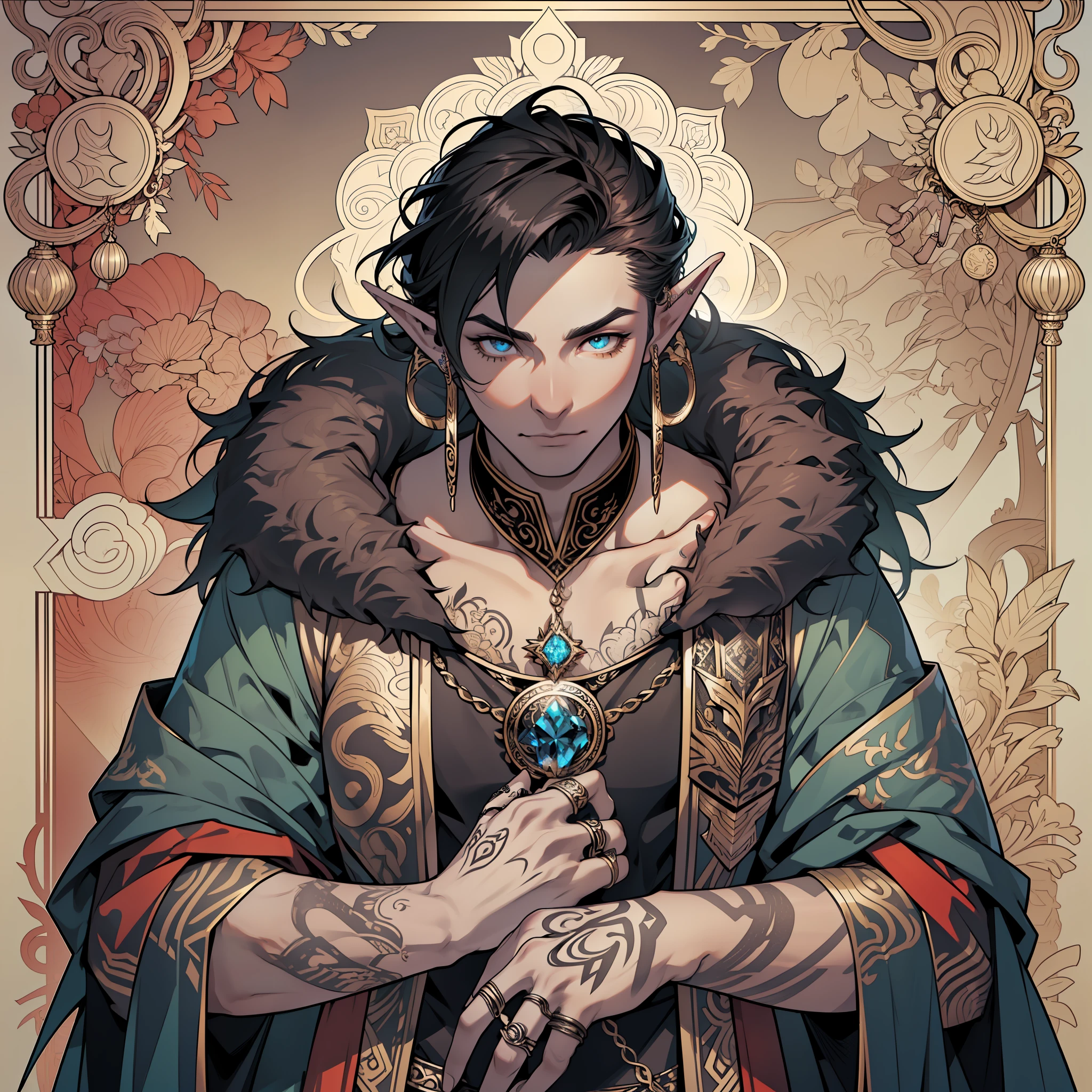 (inked original-art:1.2),(lineart:1.33), 1 male, full body portrait half-elf, close-up, asian, smaller elf ears (depth) (looking to the side) (fashion:1.2), (elaborate rings on fingers:1.5), crisp, detailed hands, detailed fingers, (high-contrast lighting:1.1).