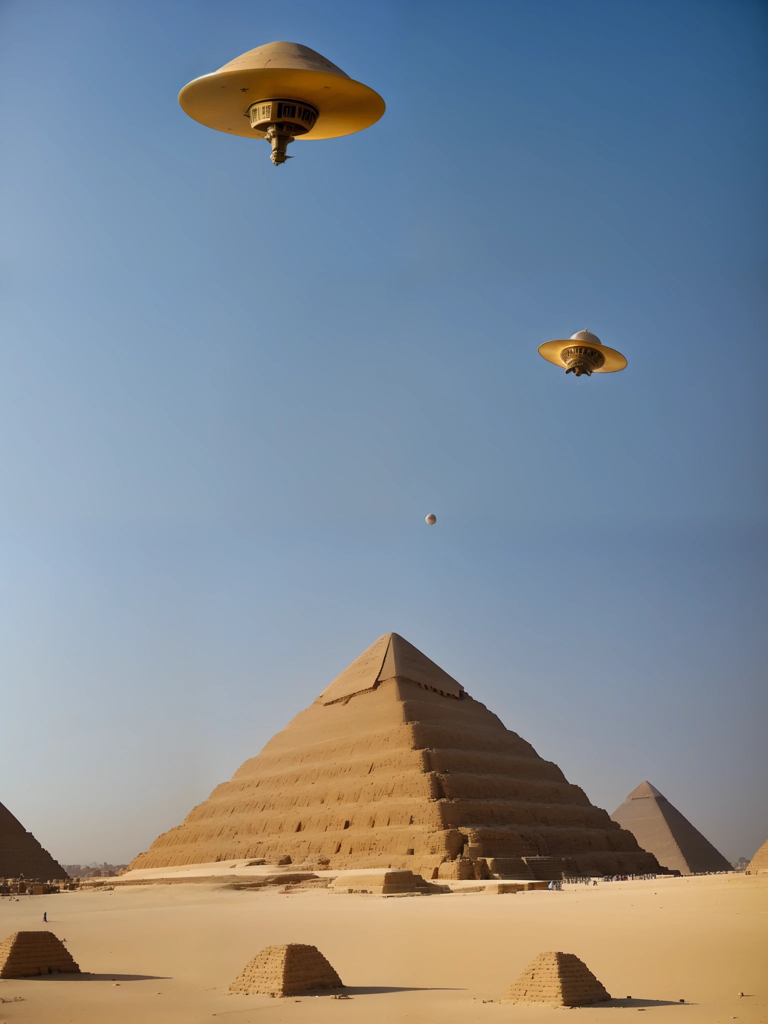 a flying saucer-like spaceship, hovering over the pyramid of Egypt