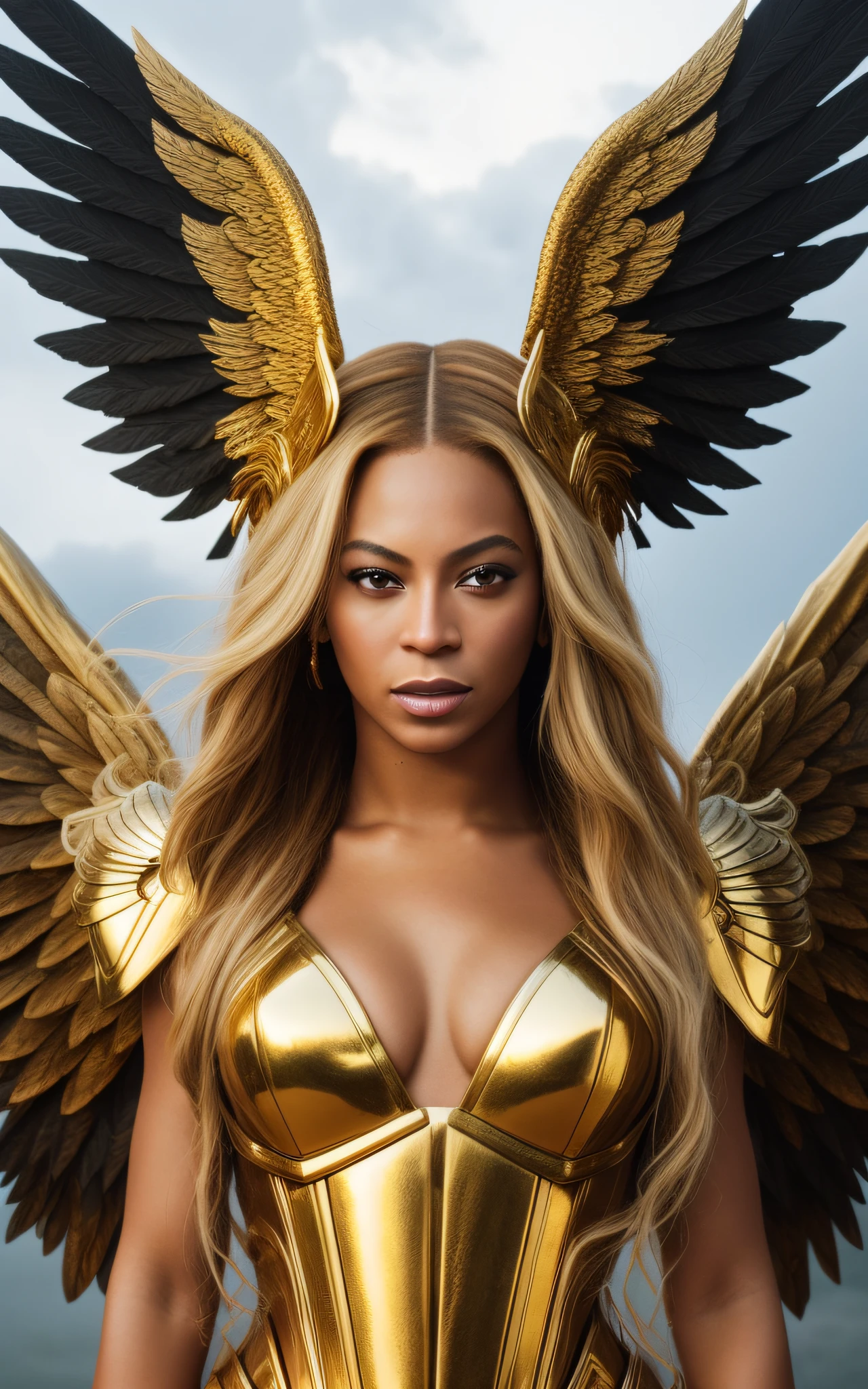 Beyoncé, Hyperrealistic, perfect lightning, highest quality, professional photography, ancient goddess, big chest, storm, long hair, golden eyes, flawless skin, perfect face, stunning, mysterious, mischievous look, perfect body, detailed, black dress armor, golden wings, tiara, charming, pale skin, ethereal