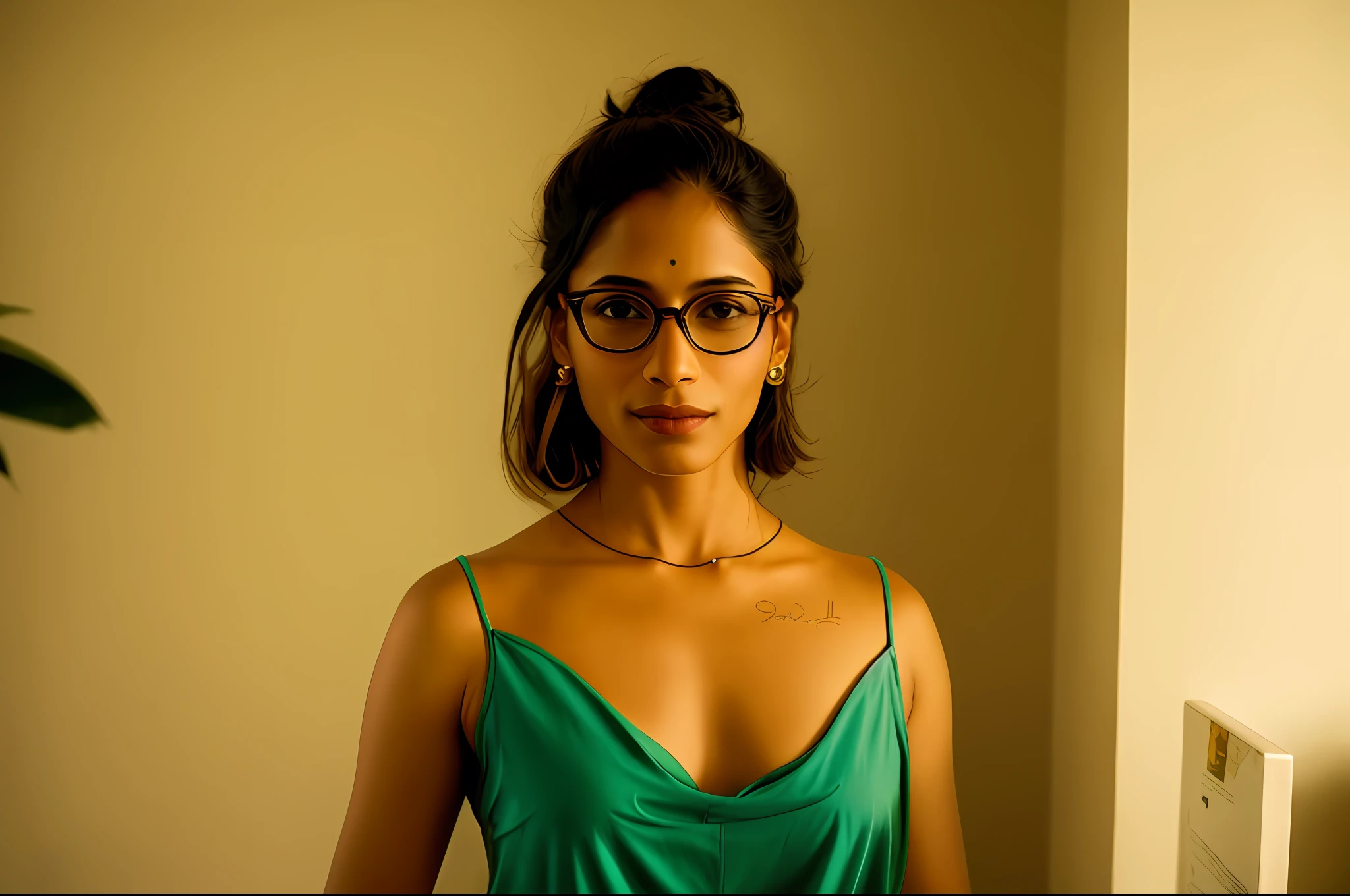 there is a woman with glasses standing in a room, freida pinto, girl wearing round glasses, girl with glasses, with glasses, with glasses on, she wears harry potter glasses, by Amelia Peláez, taken in the early 2020s, wearing small round glasses, malika favre, portait image, wearing thin large round glasses
