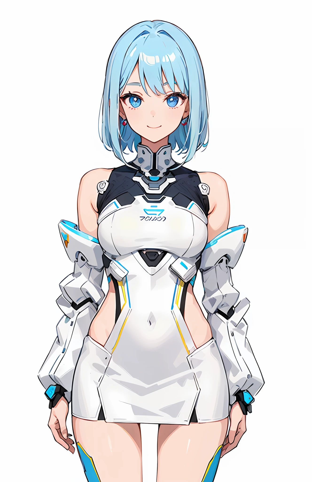 (masterpiece:1.3), (best quality:1.3), high-resolution,
watercolor pencil,
Head-on angle, upper body,
Body facing forward, (upright:1.3), (arms at sides:1.3),
(cute1girl:1.3), solo,
white skin, small Breast, eight-headed person,
light blue hair, (blue gradiient hair:1.1), very short hair, blunt bangs, beautiful hair, blue eyes, beautiful detailed eyes,
seductive smile, heart, cheerful smile,
detached sleeves, Futuristic clothing, mechanical suit, pencil skirt, earrings,
(white background:1.2), simple background,
concept art, shadowlighting,