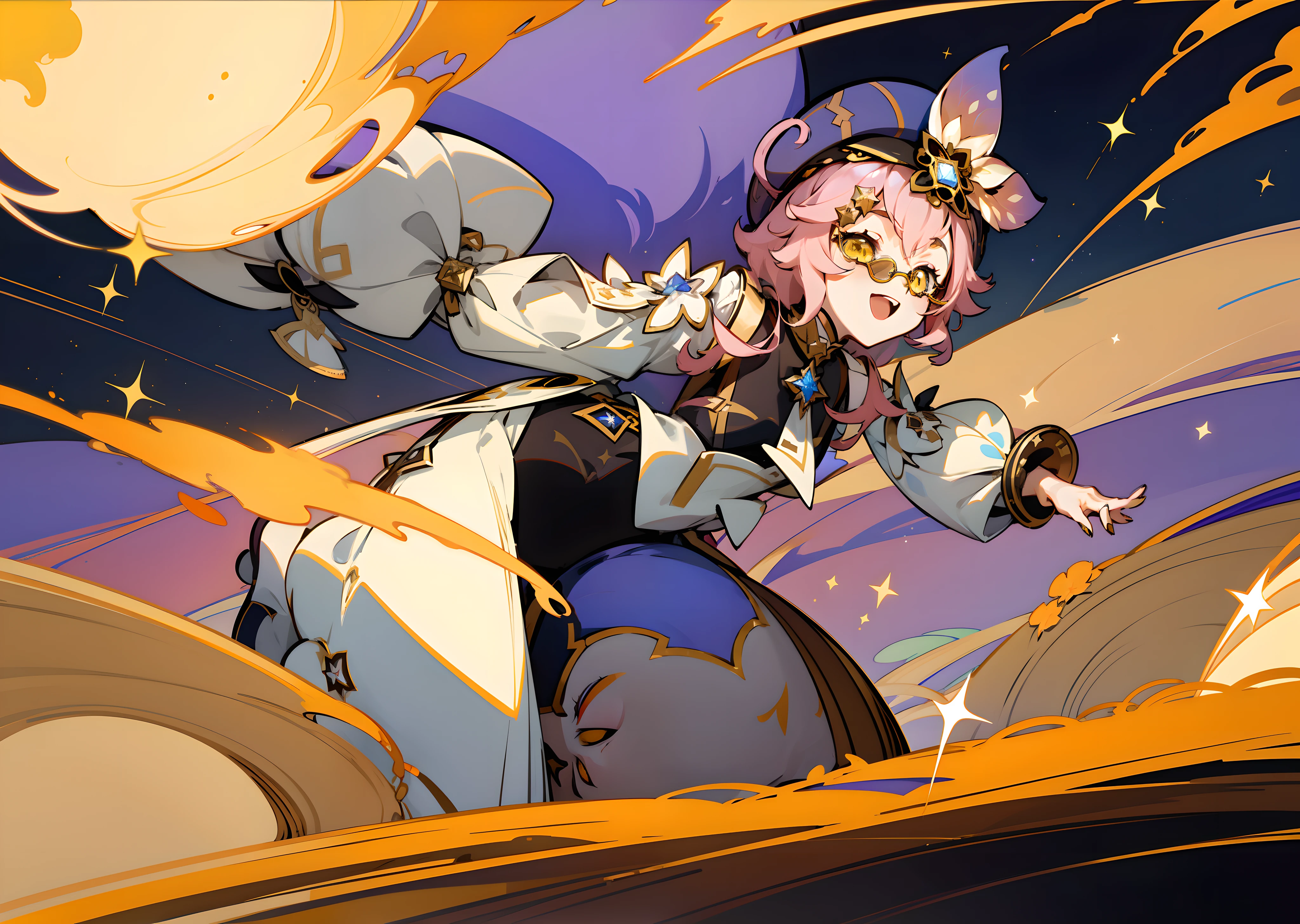 (1girl), illustration, Dori \(Genshin Impact\), star \(symbol\), golden eyes, yellow eyes, glowing eyes, gold jewelry, rose-colored glasses, landscape, night, reflection, magic, radiance, cosmos, star explosion, money, pestilence, fun, laughter, cunning face