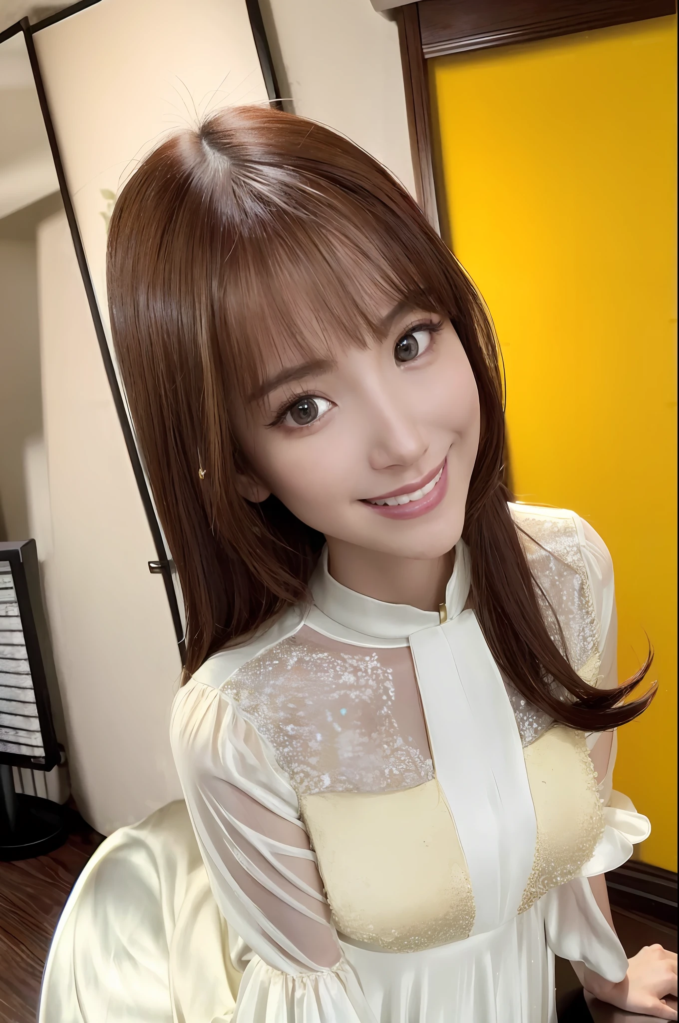 1 girl, beautiful vintage colors, instagram (photorealistic, high res: 1.4), ((swollen eyes)), staring viewer, full body (8k, RAW photo, highest quality, masterpiece: 1.2), (realistic, photorealistic) :1.37), (sharp focus :1.2), Professional Lighting, Photon Mapping, Radiosity, Physically Based Rendering, (White Skin: 1.2), Viewer's Eye, (Middle Hair: 1.5), Portrait, Dark Eyes, (Brown Hair: 1.1), Forelock, (Karaoke Box as Background: 1.4), Solo, Upper Body, Real (Masterpiece:1.4), (Top Quality:1.4), (Shiny Skin), Fashion Girl, Makeup, Smiling (Skinny, Close Mouth, Shy:1.3), (Standing, White Dress Costume, Necromancer:1.1), Medium Bust, Sexy Pose, Japanese, Big Eyes, Slightly hanging up, super cute, moonlight,
