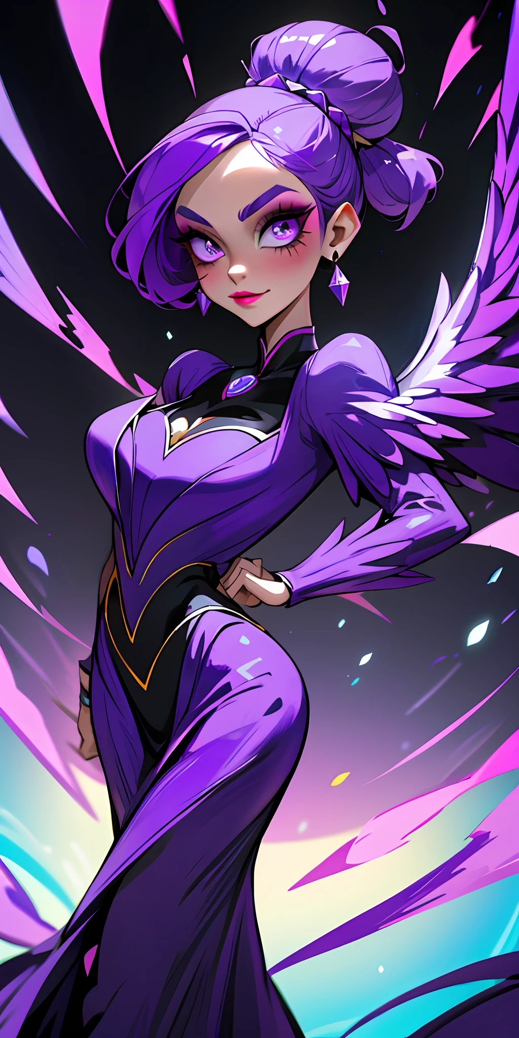 cute woman, makeup, spectacular dress, magical costume, seductive look, black wings, purple powers