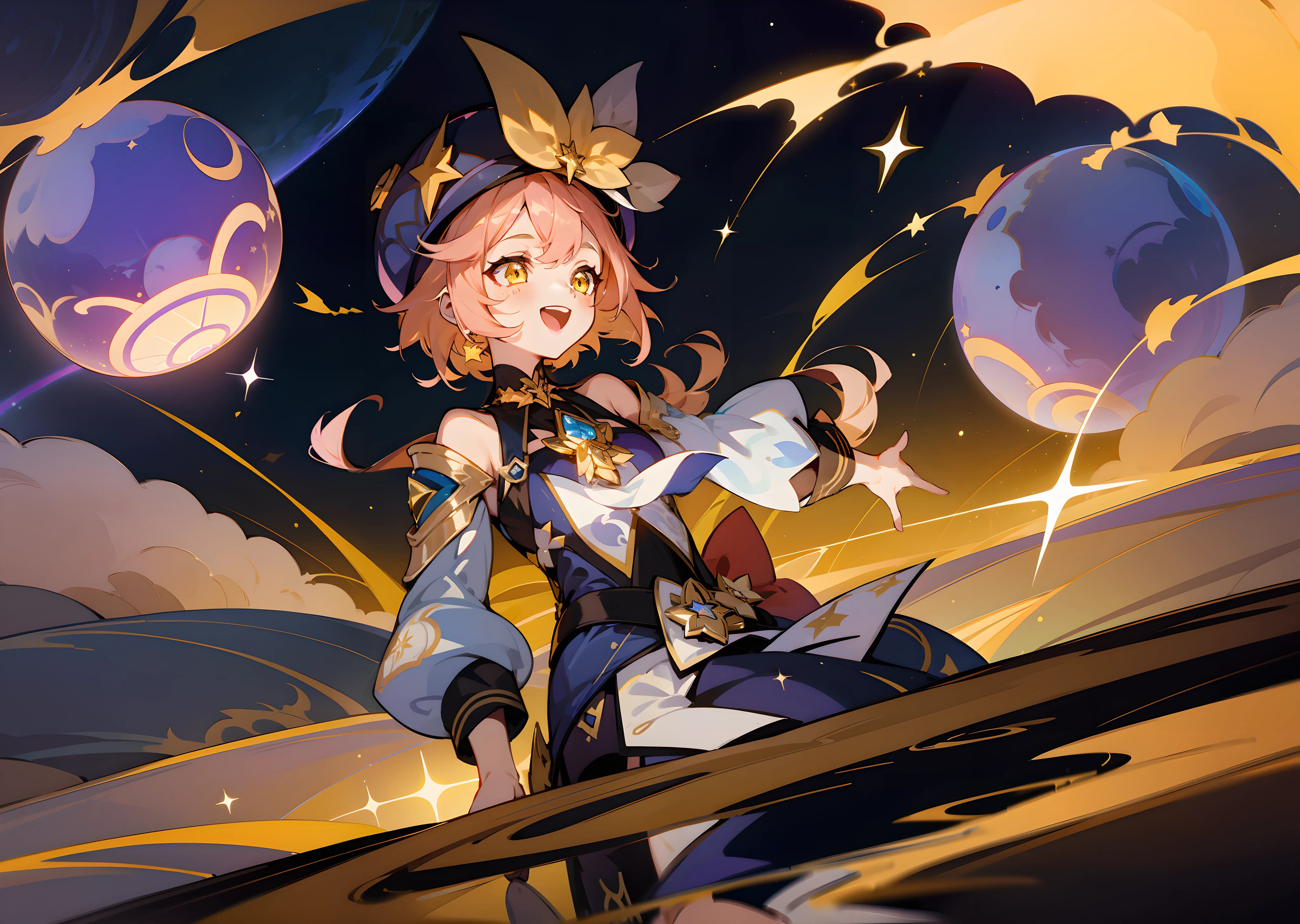 (1girl), illustration, Dori \(Genshin Impact\), star \(symbol\), golden eyes, yellow eyes, glowing eyes, gold jewelry, rose-colored glasses, landscape, night, reflection, magic, radiance, space, star explosion, fun, laughter