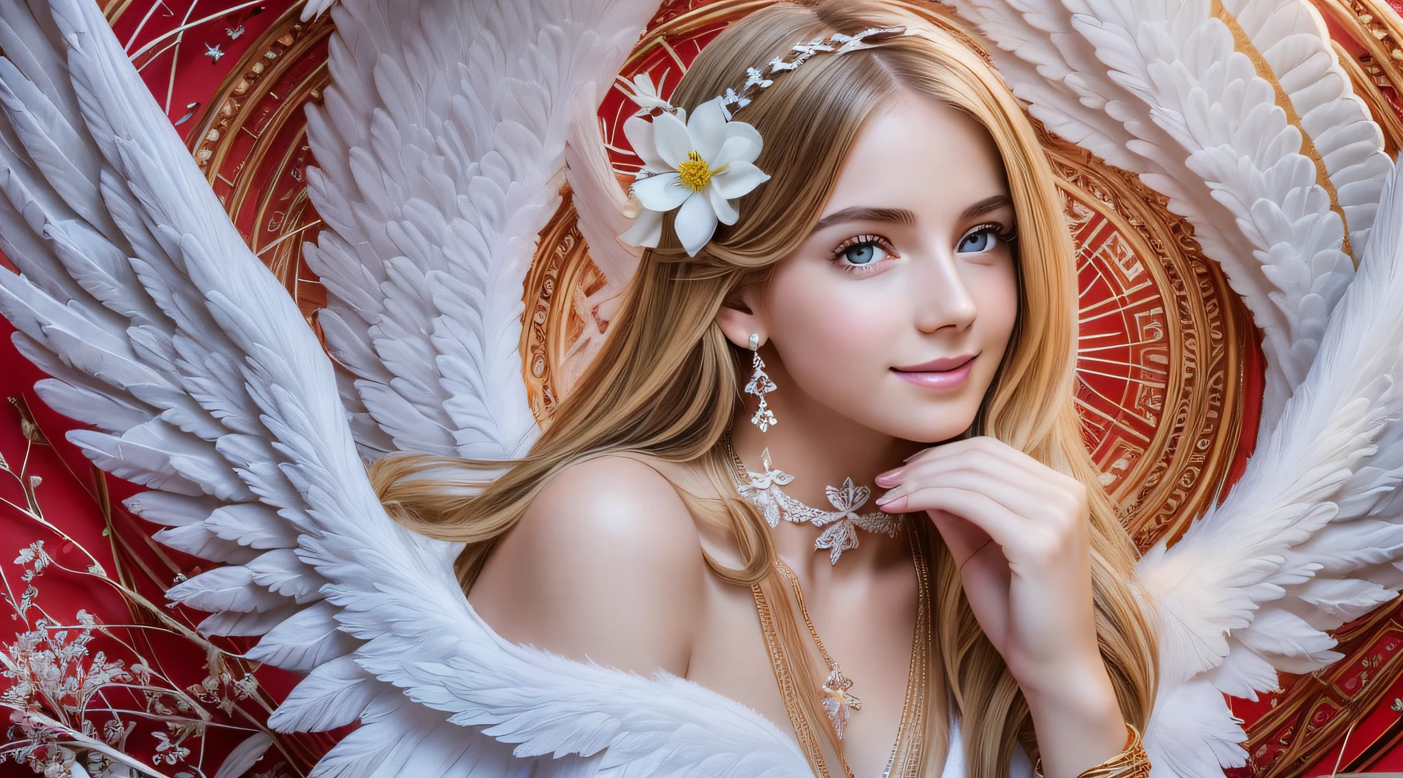 delicate, masterpiece, beautiful detailed, colorful, finely detailed, (50mm Sigma f/1.4 ZEISS lens, F1.4, 1/800s, ISO 100, fotograpy:1.1), lens flare, (photorealistic:1.1), detailed lips, intricate details, solo, (a beautiful child girl in white panties), long blonde hair with gold-colored braids, (angel wings:1.4), (white wings:1.2), (symmetrical wings: 1.5), (jewelry:1.5),  (necklace:1.2), (diamond:1.3), bracelet, earrings, choker, (white thighs:1.2), (looking at the viewer:1.2), sexy pose, erotic pose, front view, (innocent smile:1.3), (covered, (on a red background 1.5), sky, (detailed background), (blurred background:0.8), (white flower:1.3), (pureerosface_v1:0.85), --auto --s2