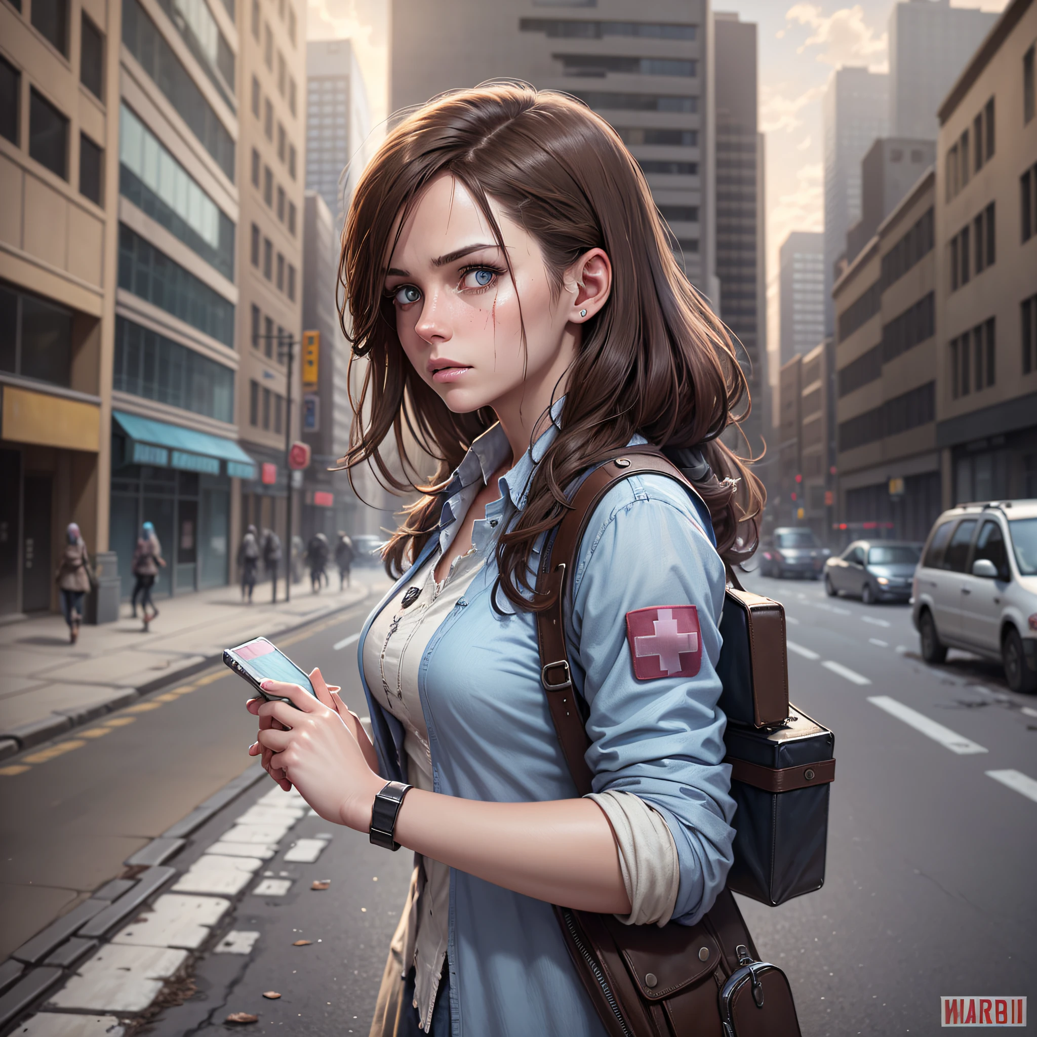 (character, unique person) Young woman, brown hair, blue eyes, deserted city background. This former nurse carries a first aid box as she wanders down the deserted street (Super detailed image), (Grainy), (shading), (16k), (realistic), (zombie apocalypse theme)