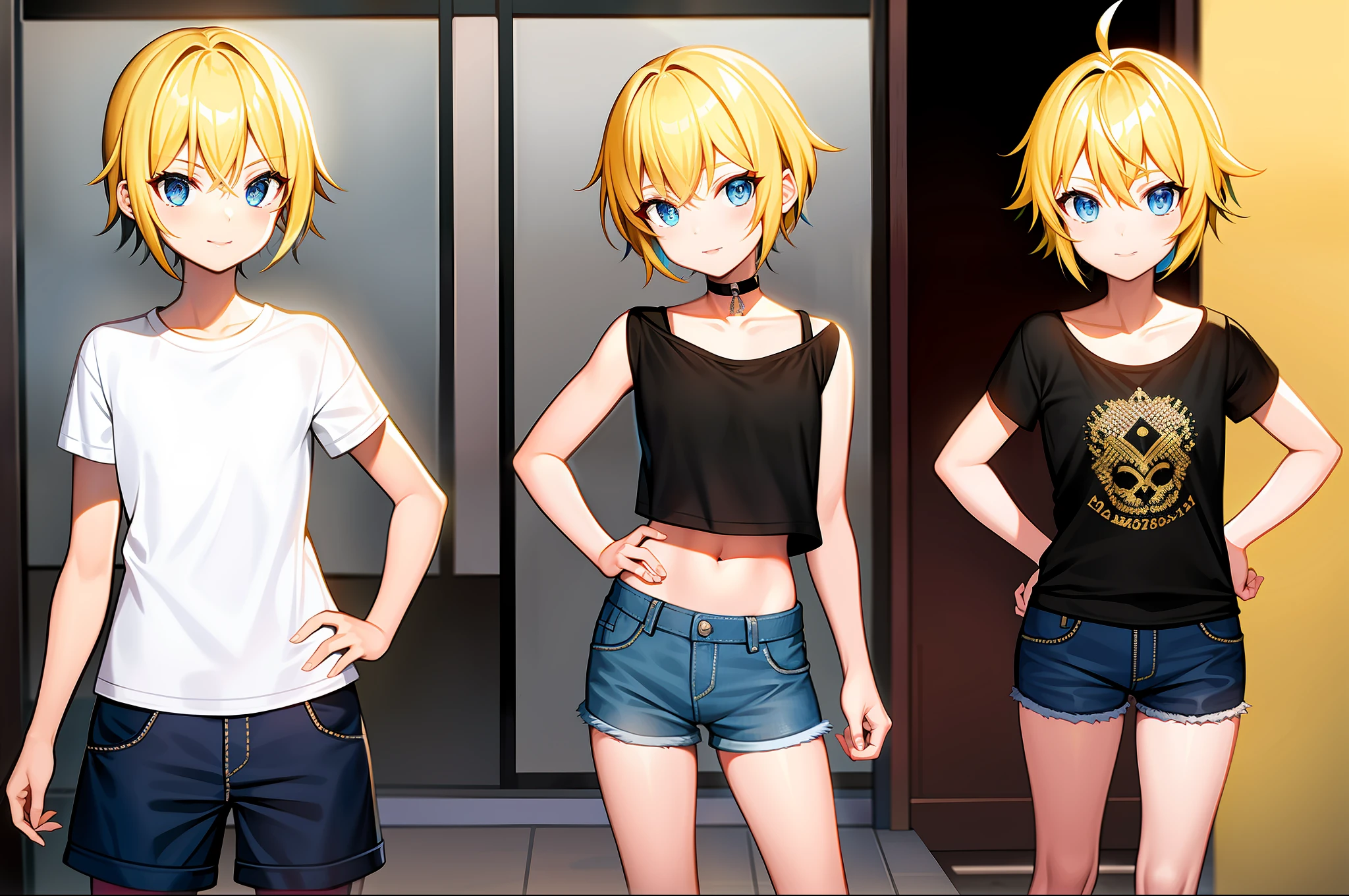 Girl,with spiky yellow hair,short, flat chested ,blue eyes ,casual t-shirt, wearing shorts ,Fullbody, fullbody