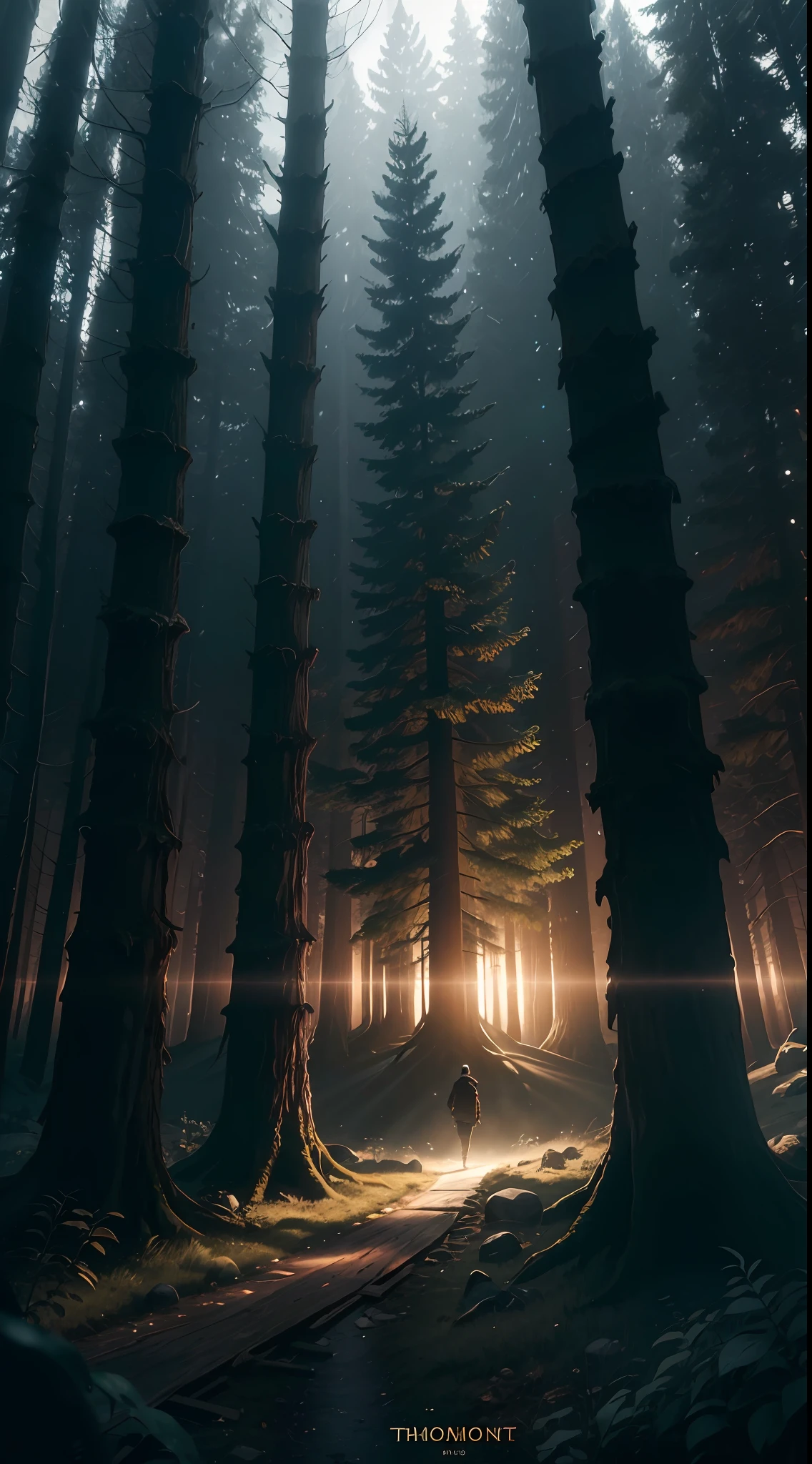 /imagine prompt: Cinema-style 4K image of the 1975 Travis Walton abduction incident. Spotlight Travis the Lumberjack in the forest clearing, looking up in surprise. Add an alien spaceship hovering over it, emitting a glowing beam of light. Use realistic visual effects to create a dramatic contrast between the ship and the dark environment. Emphasize the intense glare of the light and the detailed texture of the craft. Include elements of suspense and mystery, such as shadows and trees moving around. Convey a sense of admiration and wonder at the encounter with the unknown., electrifying art, color graded