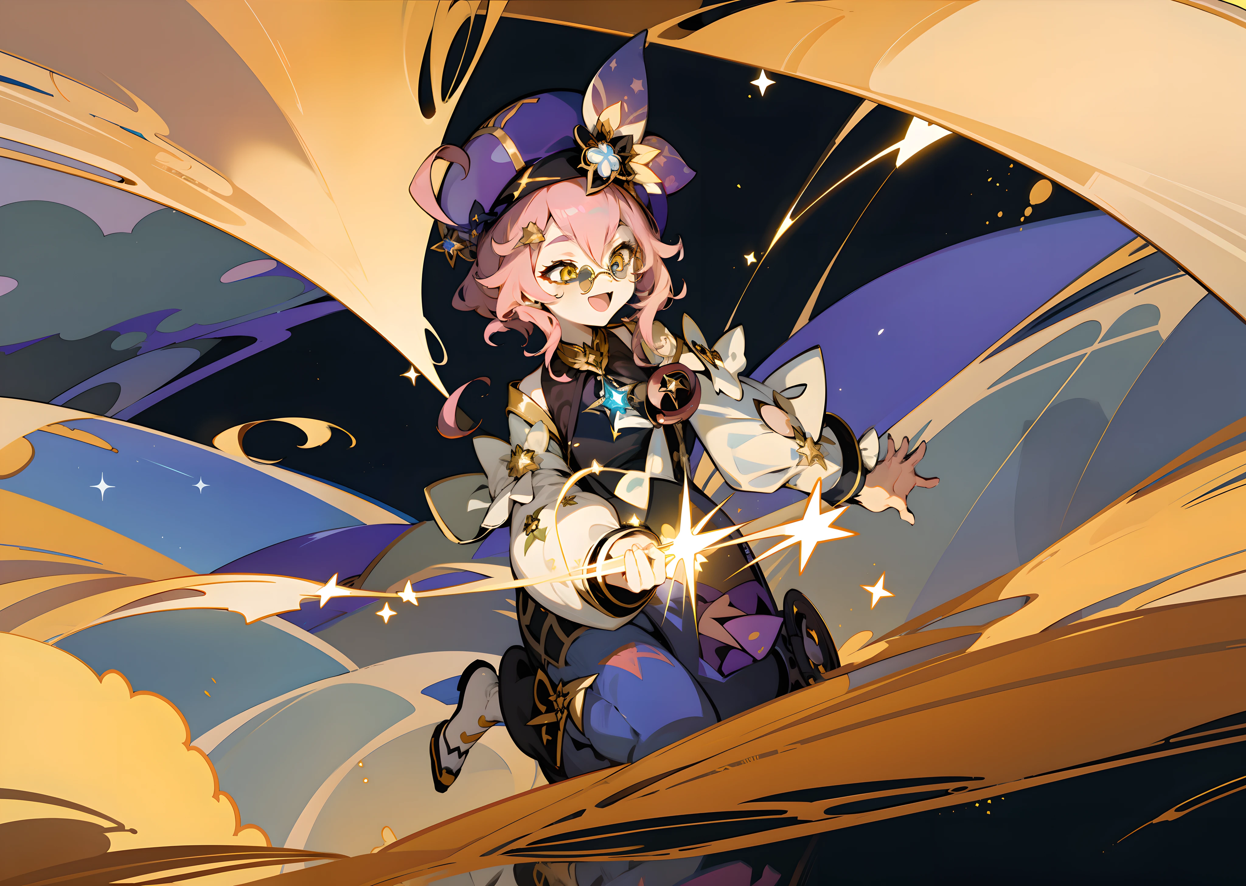 (1girl), illustration, Dori \(Genshin Impact\), star \(symbol\), golden eyes, yellow eyes, glowing eyes, gold jewelry, rose-colored glasses, landscape, night, reflection, magic, radiance, cosmos, star explosion, money, pestilence, fun, laughter, cunning face