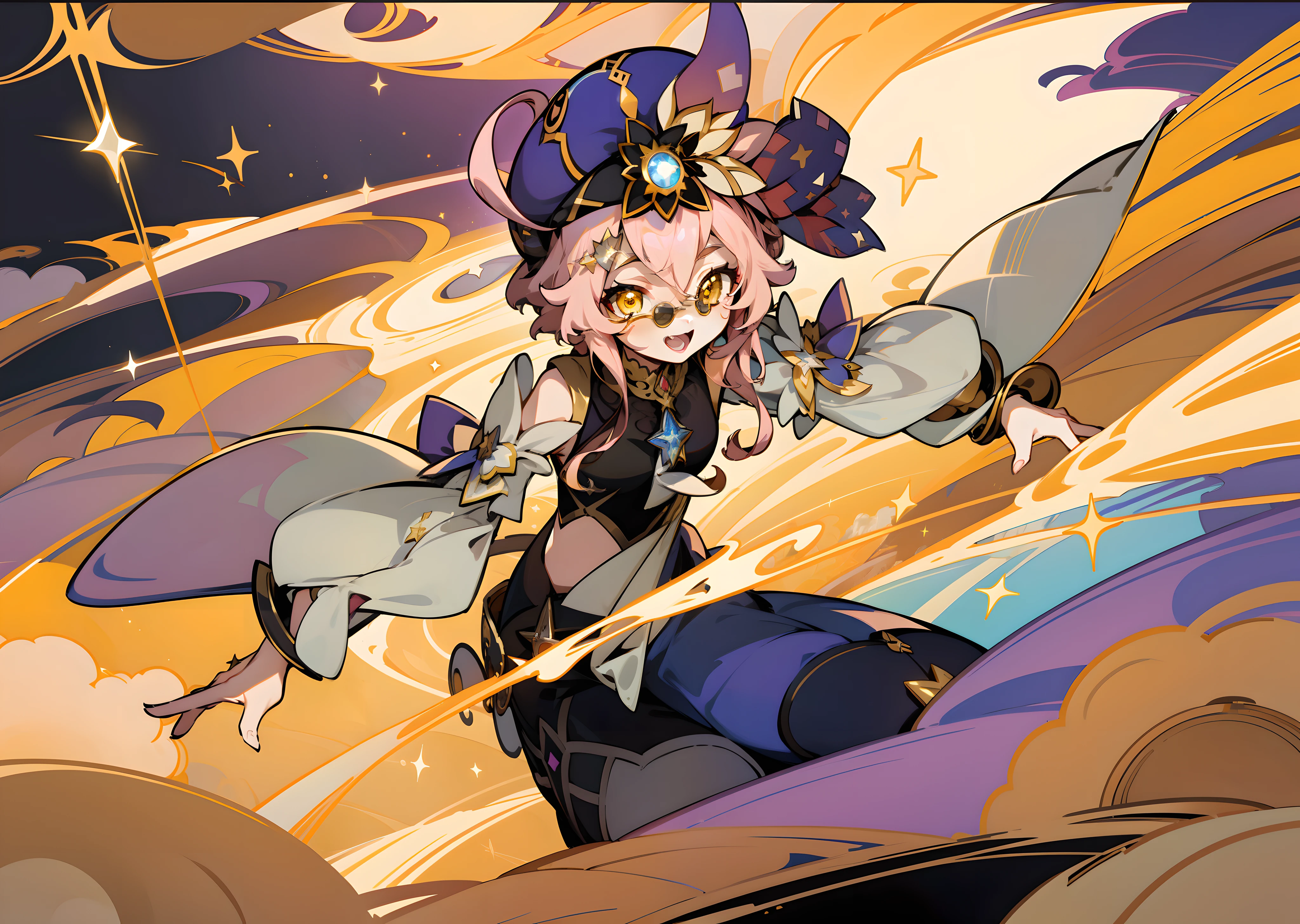 (1girl), illustration, Dori \(Genshin Impact\), star \(symbol\), golden eyes, yellow eyes, glowing eyes, gold jewelry, rose-colored glasses, landscape, night, reflection, magic, radiance, cosmos, star explosion, money, pestilence, fun, laughter, cunning face