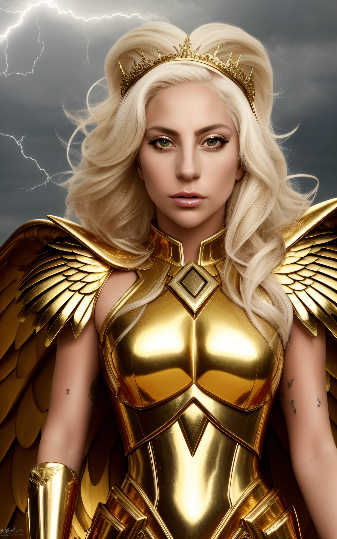 Lady Gaga Hyperrealistic, perfect lightning, highest quality, professional photography, ancient goddess, big chest, storm, long hair, golden eyes, flawless skin, perfect face, stunning, mysterious, mischievous look, perfect body, detailed, black dress armor, golden wings, tiara, charming, pale skin, ethereal