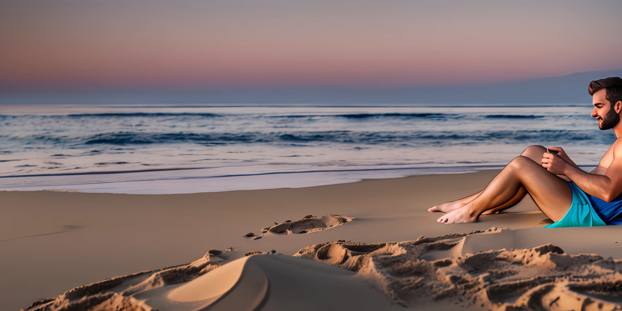 man resting in a beach, realistic image, lights, lighting,  high details, 8k, high-quality:: dof, --auto --s2