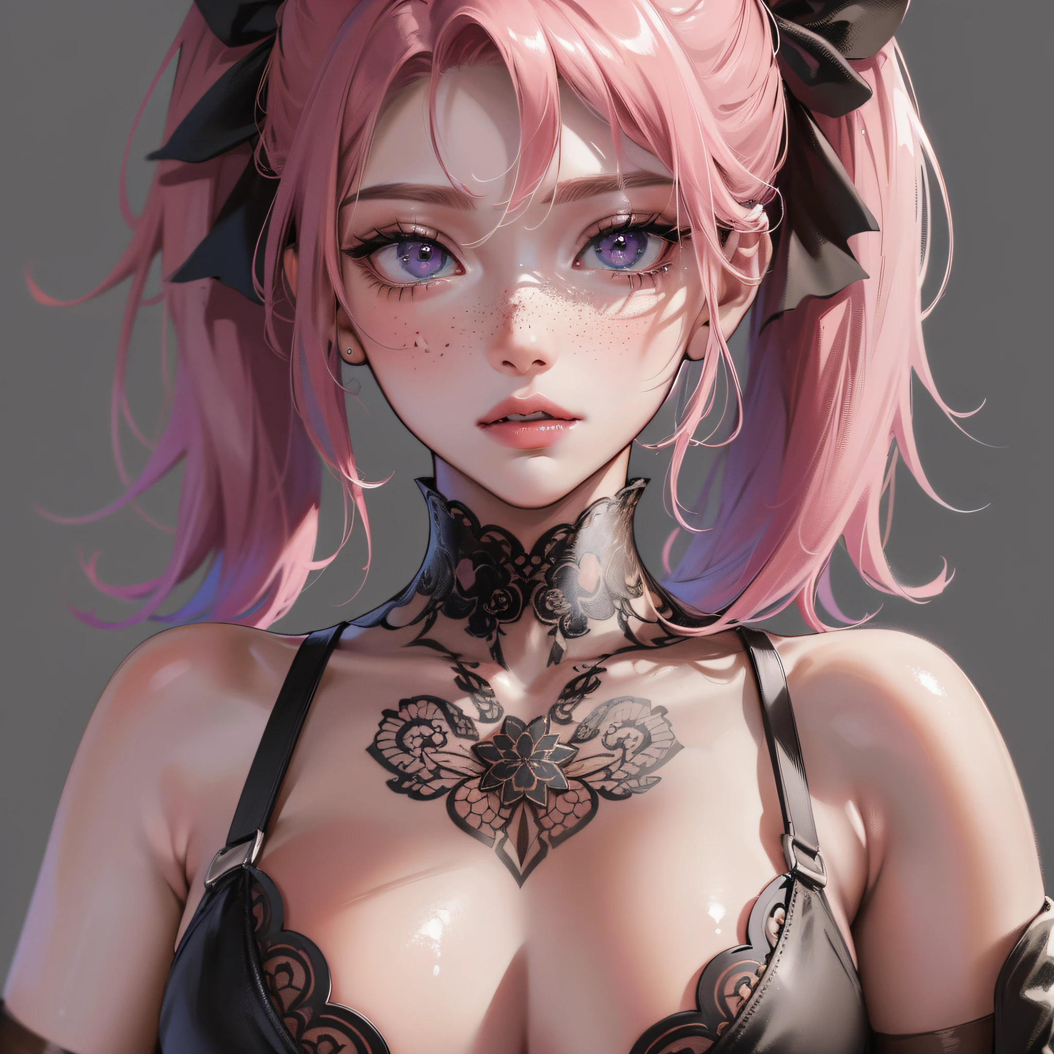 ultra hd, high resolution, realistic, best quality, masterpiece, (realistic: 1.2), upper body, 1 girl, pink hair, with a tattoo ((short hair in two pigtails)), brown eyes, detailed face, beautiful eyes, detailed eyes, playful, freckles, young, black bikini bottom, lingerie, medium bust, intricately detailed, elaborate, meticulous, gorgeous, maximum details, extremely hyperaesthetic, looking at viewer, gray background, masterpiece, best quality, high quality, highres, amazing lighting, detail enhancement, most beautiful image in the world, 8k resolution, awe inspiring, hd