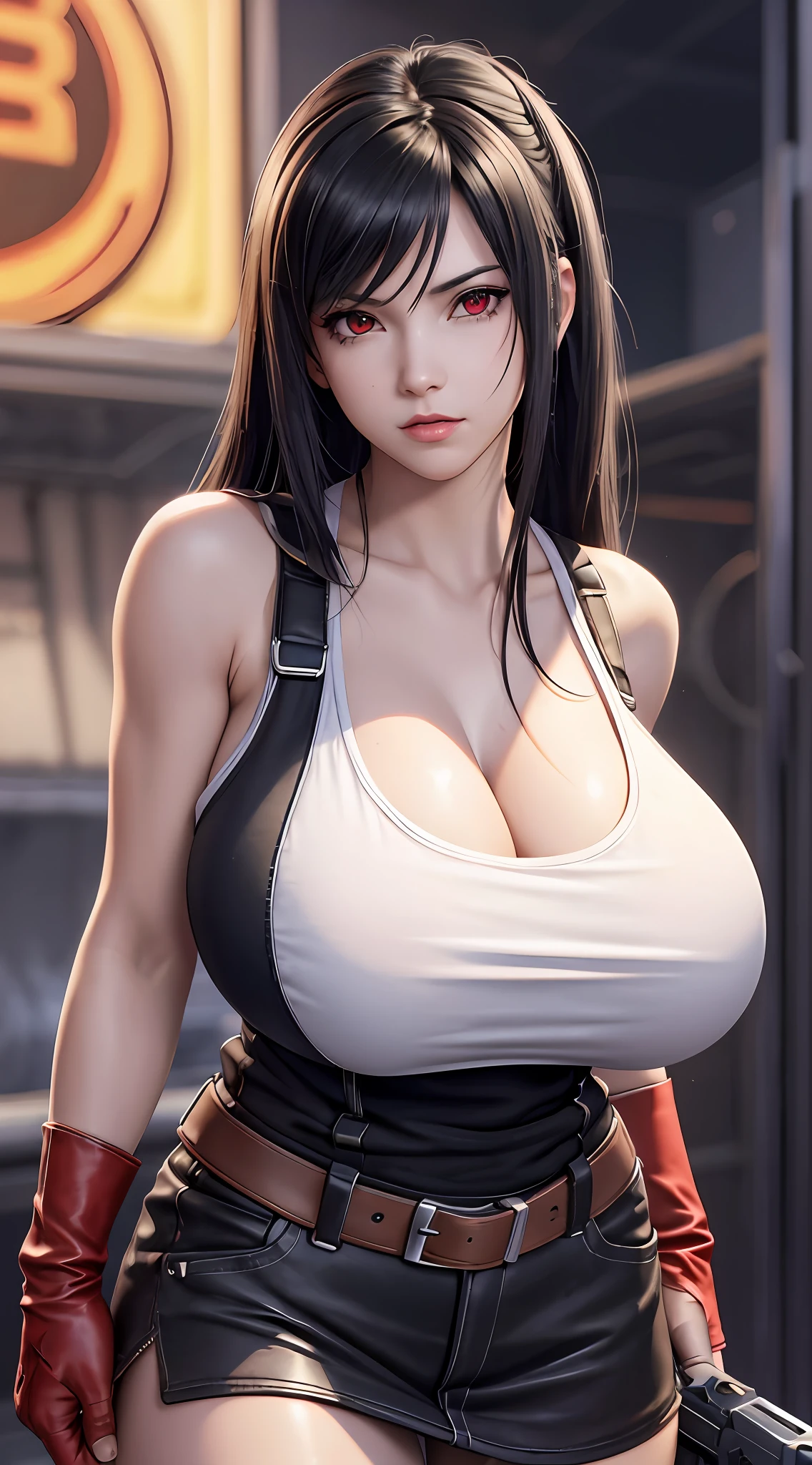 Tifa lockhart, tifa_lockhart,  ff7, sultry face, (white tank top:1.2), black miniskirt, (black long hair), hair bangs (red eyes:1.3) long eyelashes, beautiful red eyes with brightness, surrealism, shadow, stereogram, (photorealistic, realistic: 1.2), POV, atmospheric perspective, cinematic lighting, ray tracing, 8k, super detail, best quality, masterpiece, well detailed, (Canan EOS R6, 135mm, 1/1250s, f/2.8, ISO 400:0.9), cyberpunk, neon, neon signs, ramen shops, (huge breasts:1.5) red gloves --auto --s2