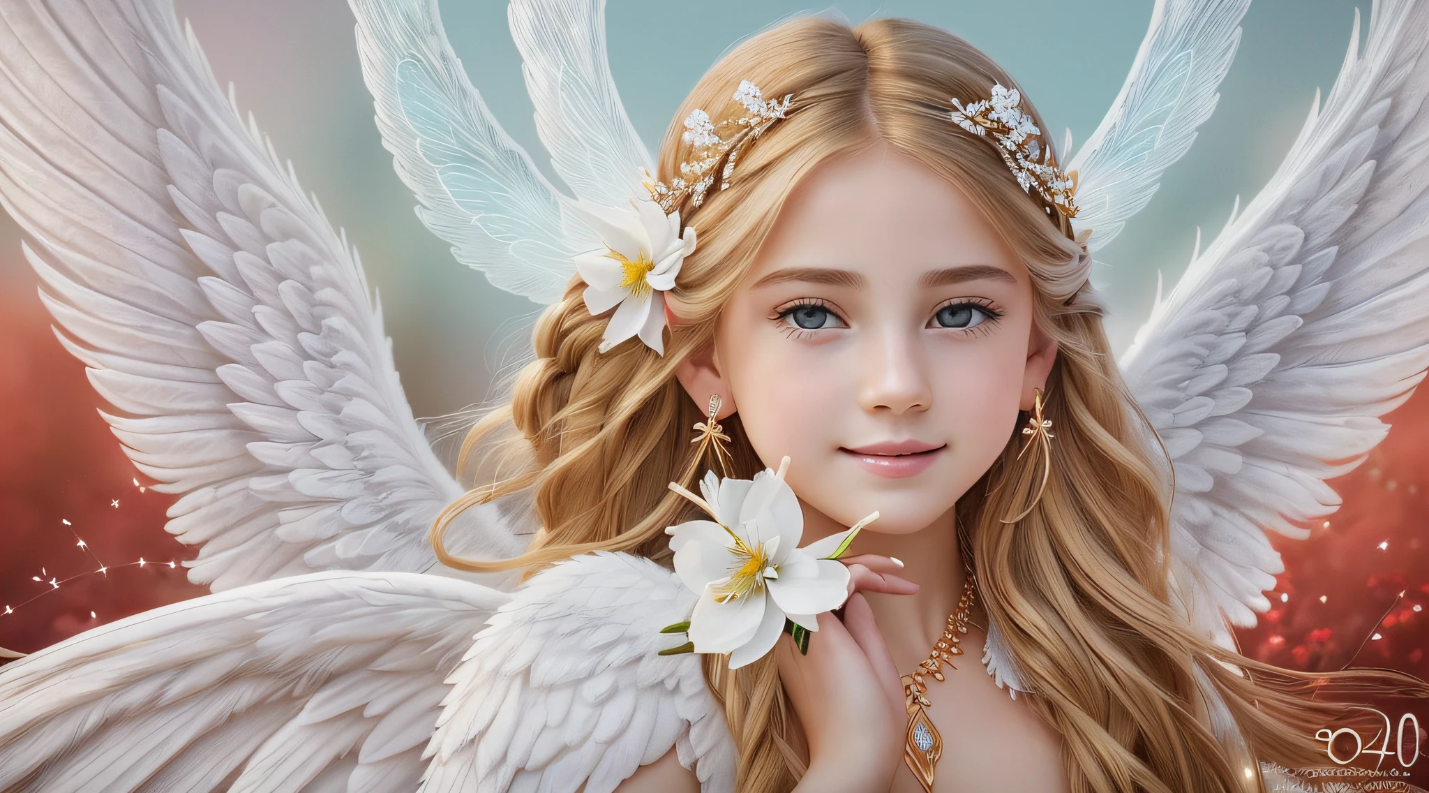 delicate, masterpiece, beautiful detailed, colorful, finely detailed, (50mm Sigma f/1.4 ZEISS lens, F1.4, 1/800s, ISO 100, fotograpy:1.1), lens flare, (photorealistic:1.1), detailed lips, intricate details, solo, (a beautiful child boy), long blonde hair with gold-colored braids, (angel wings:1.4), (white wings:1.2), (symmetrical wings: 1.5), (jewelry:1.5), (necklace:1.2), (diamond:1.3),  bracelet, earrings, choker, (white thighs:1.2), (looking at the viewer:1.2), sexy pose, erotic pose, front view, (innocent smile:1.3), (covered, (on a red background 1.5), sky, (detailed background), (blurred background:0.8), (white flower:1.3), (pureerosface_v1:0.85), --auto --s2