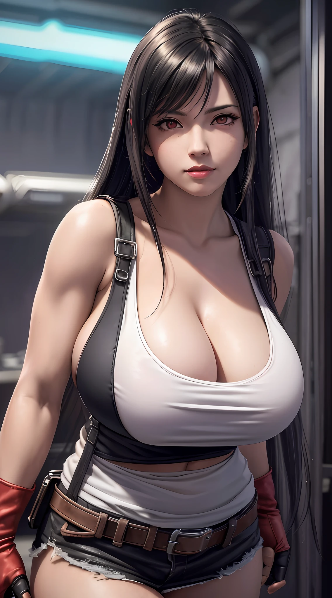 Tifa lockhart, tifa_lockhart, ff7, sultry face, (white tank top:1.2), black miniskirt, (black long hair), hair bangs (red eyes:1.3) long eyelashes, beautiful red eyes with brightness, surrealism, shadow, stereogram, (photorealistic, realistic: 1.2), POV, atmospheric perspective, cinematic lighting, ray tracing, 8k, super detail, best quality, masterpiece, well detailed, (Canan EOS R6, 135mm, 1/1250s, f/2.8, ISO 400:0.9), cyberpunk, neon, neon signs, ramen shops, (huge breasts:1.5) red gloves --auto --s2