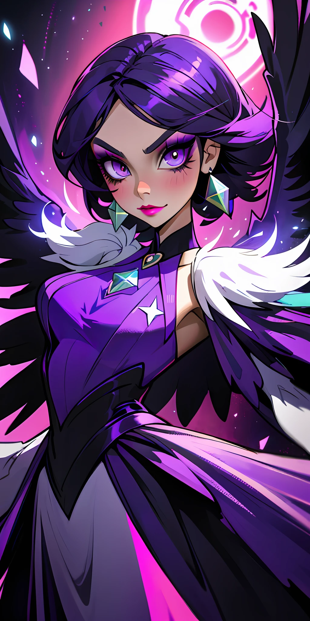 cute woman, makeup, spectacular dress, magical costume, seductive look, black wings, purple powers