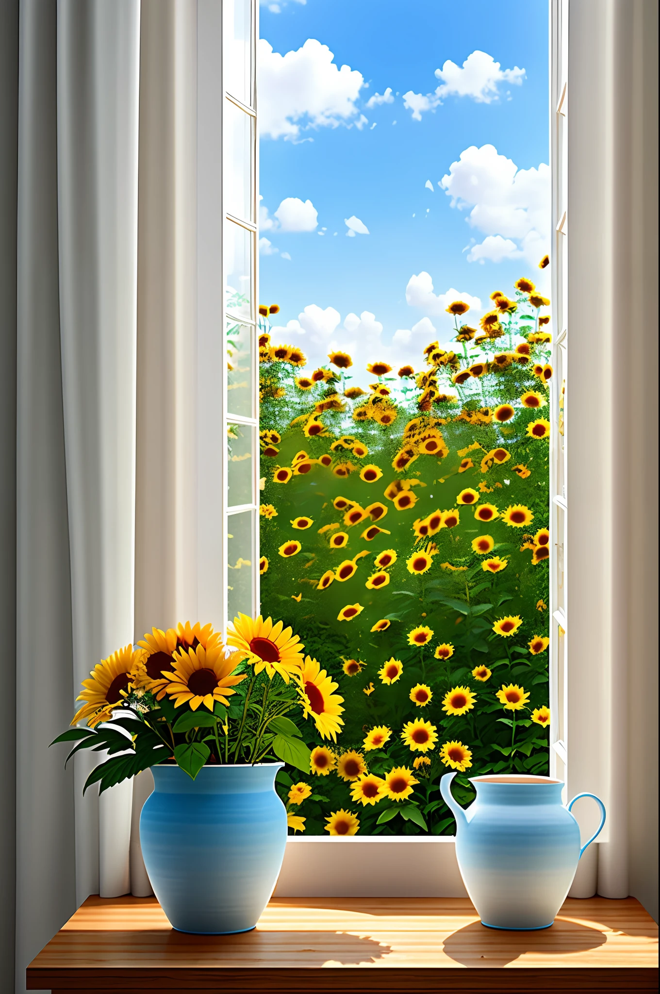 Clay flower pot, sunflower, blue sky and white clouds, by the window, sunlight coming in, white curtains floating, lots of details, high quality, 8k