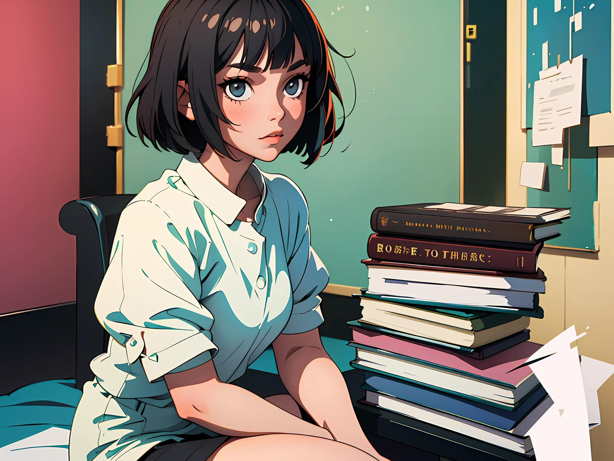 (best quality, masterpiece), 1girl, black bob cut hair, sitting in empty white wall bedroom with stack of books, not looking at camera