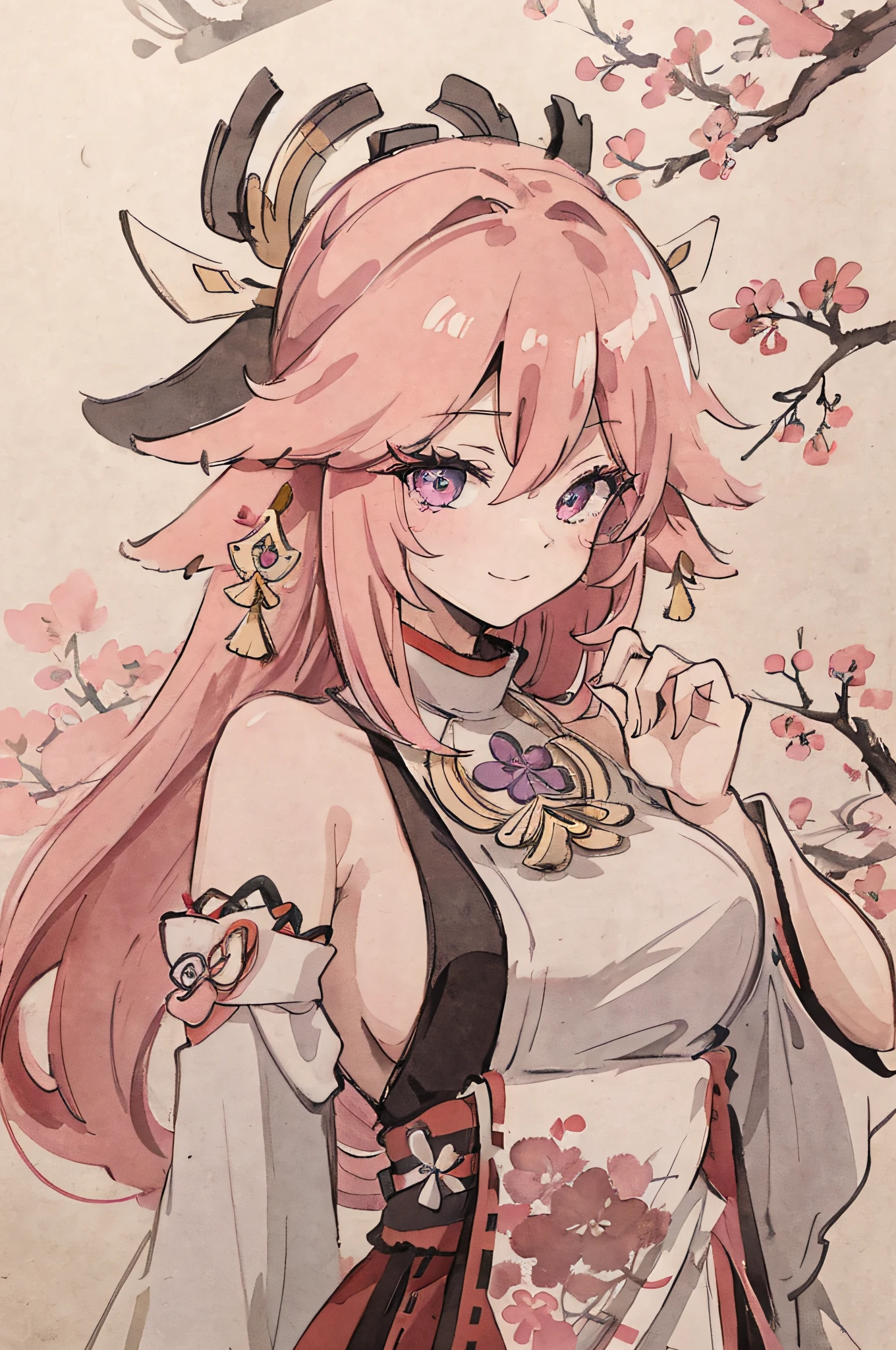 (Masterpiece, best quality: 1.2), traditional Chinese ink painting, pink hair, purple eyes, yae miko,