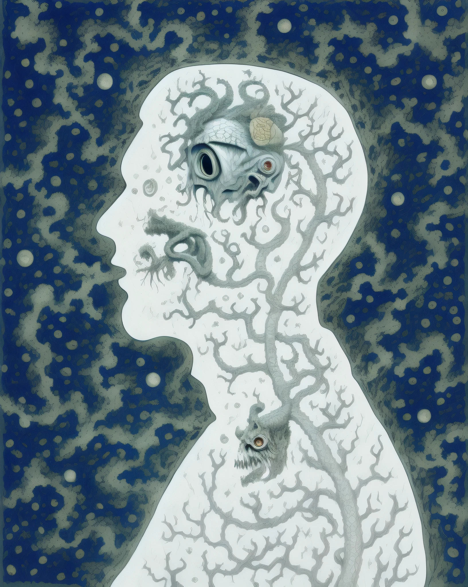 there is a drawing of a human head with a brain and a snake, by Chris Rahn, brain tree eye holy grail, cosmic horror illustration, by Whitney Darrow, by Nathan Wyburn, surreal illustration, douglas smith, sketch of a lucid dream, portrait of a cosmic entity, by Tom La Padula, face melting into the universe