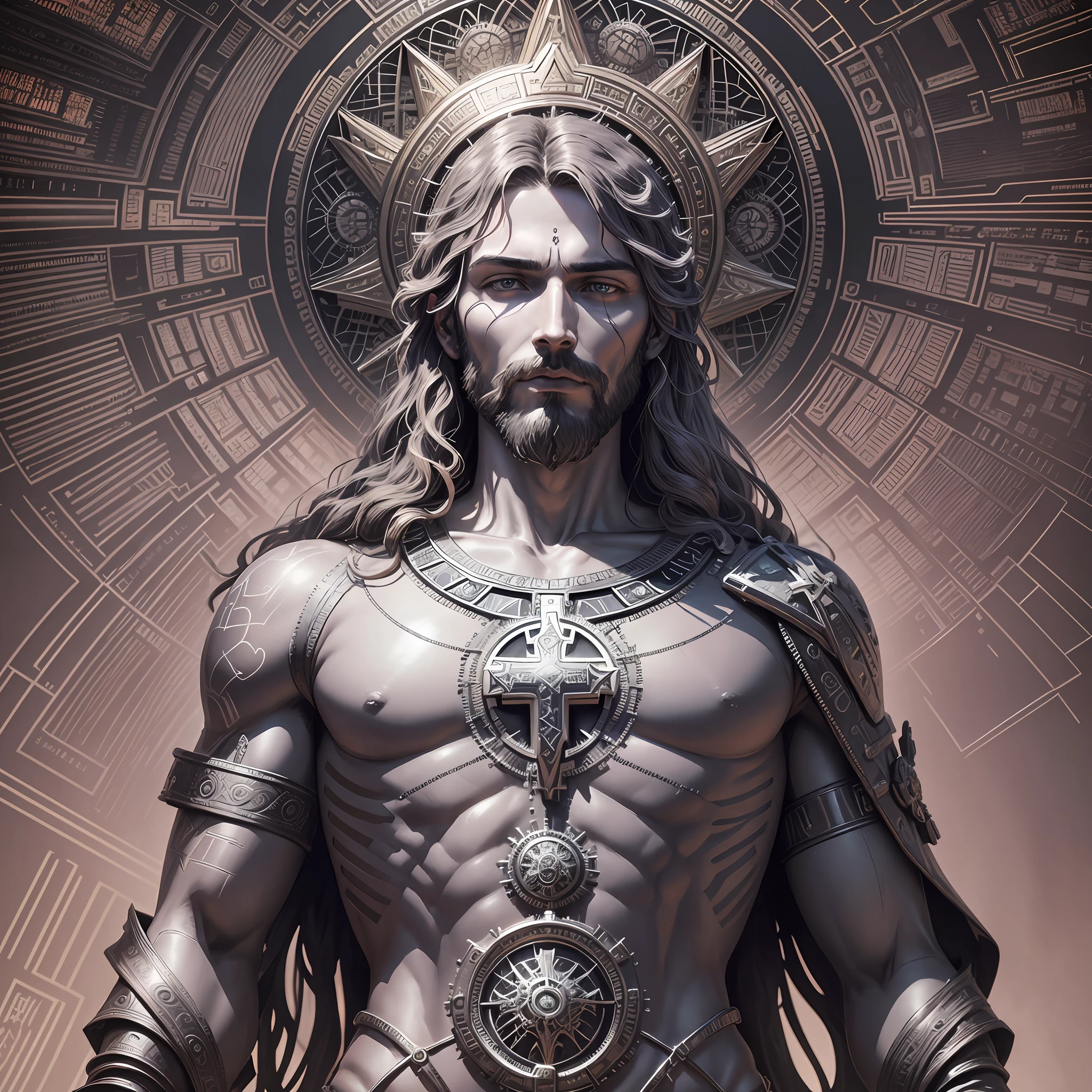 Generate a closeup of a statue of Jesus with a cross on his chest, cyberpunk jesus christ, steampunk jesus, jesus christ, alex grey and gustave dore, alex grey art, alex grey style, alex grey style, black jesus, by Alex Grey, tron legacy jesus christ, by Cedric Seaut, masterful intricate artwork, alex grey and beksinski