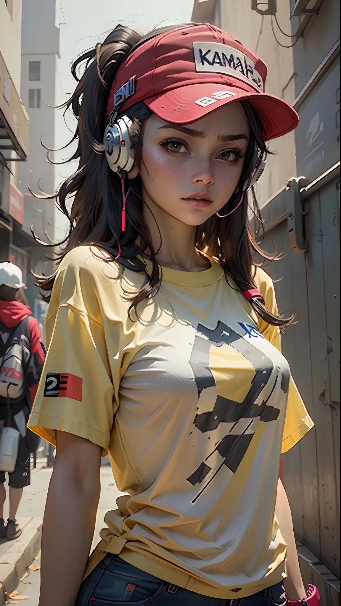 Beautiful woman medium hair, wearing cap, wearing headphone, camisa escrito kenkaflix, cyberpunk style short clothes, shirt, wearing red colors blue white yellow
With a shirt that has the phrase "Kenkaflix" written on it,
She is facing the screen with her whole body, with a confident and determined expression on her face.